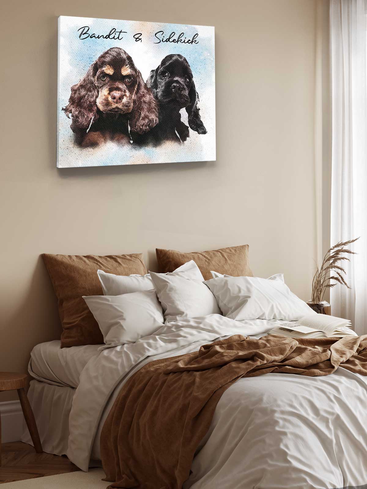 two dogs, one brown and one black, sitting together on a bed with white sheets and brown pillows.