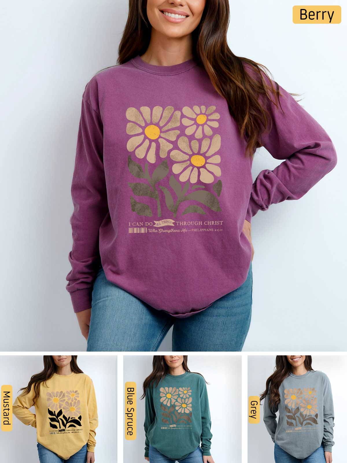 a woman wearing a sweatshirt with flowers on it