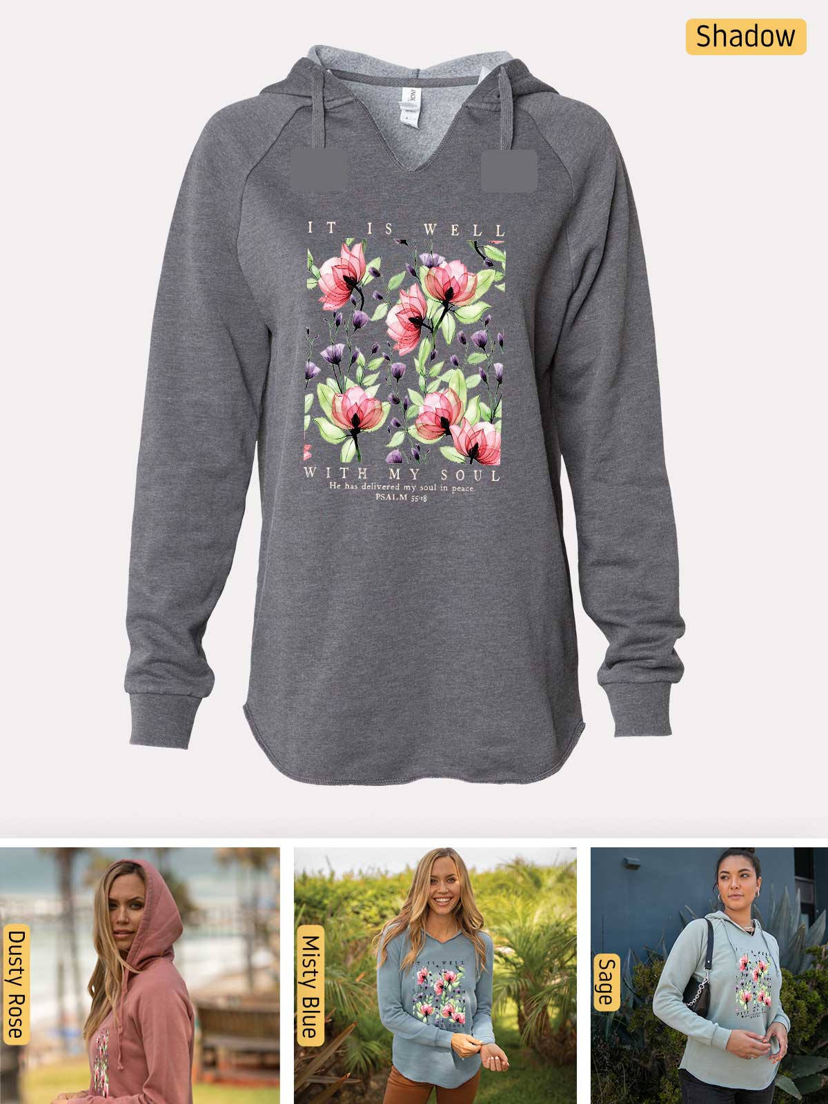 a woman wearing a sweatshirt with flowers on it