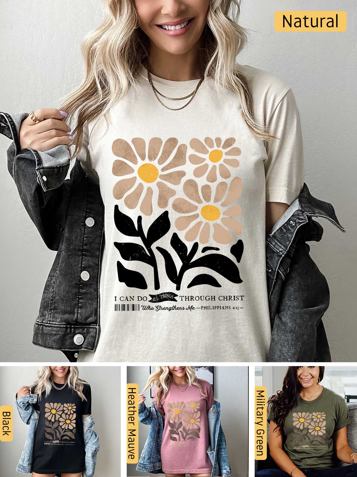 a woman wearing a t - shirt with flowers on it