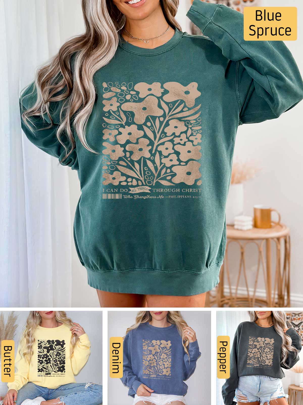 a woman wearing a sweatshirt with a flower design on it