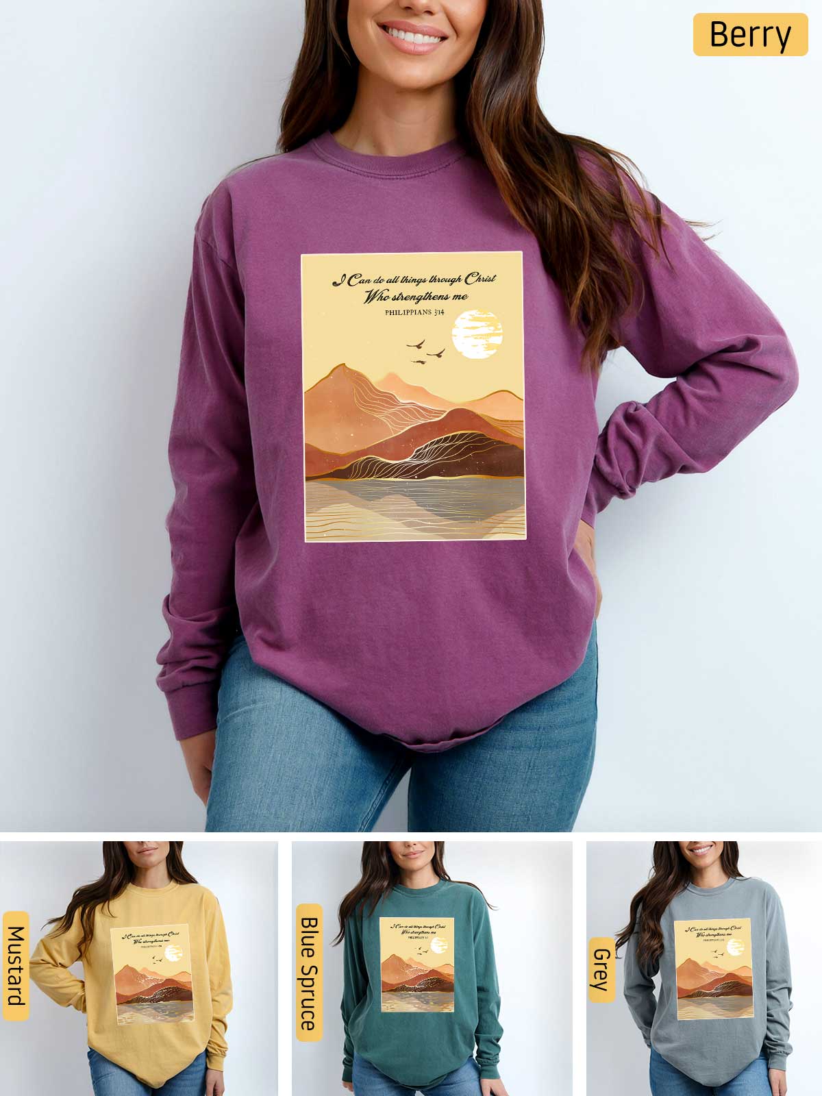 a woman wearing a sweatshirt with a picture of mountains on it