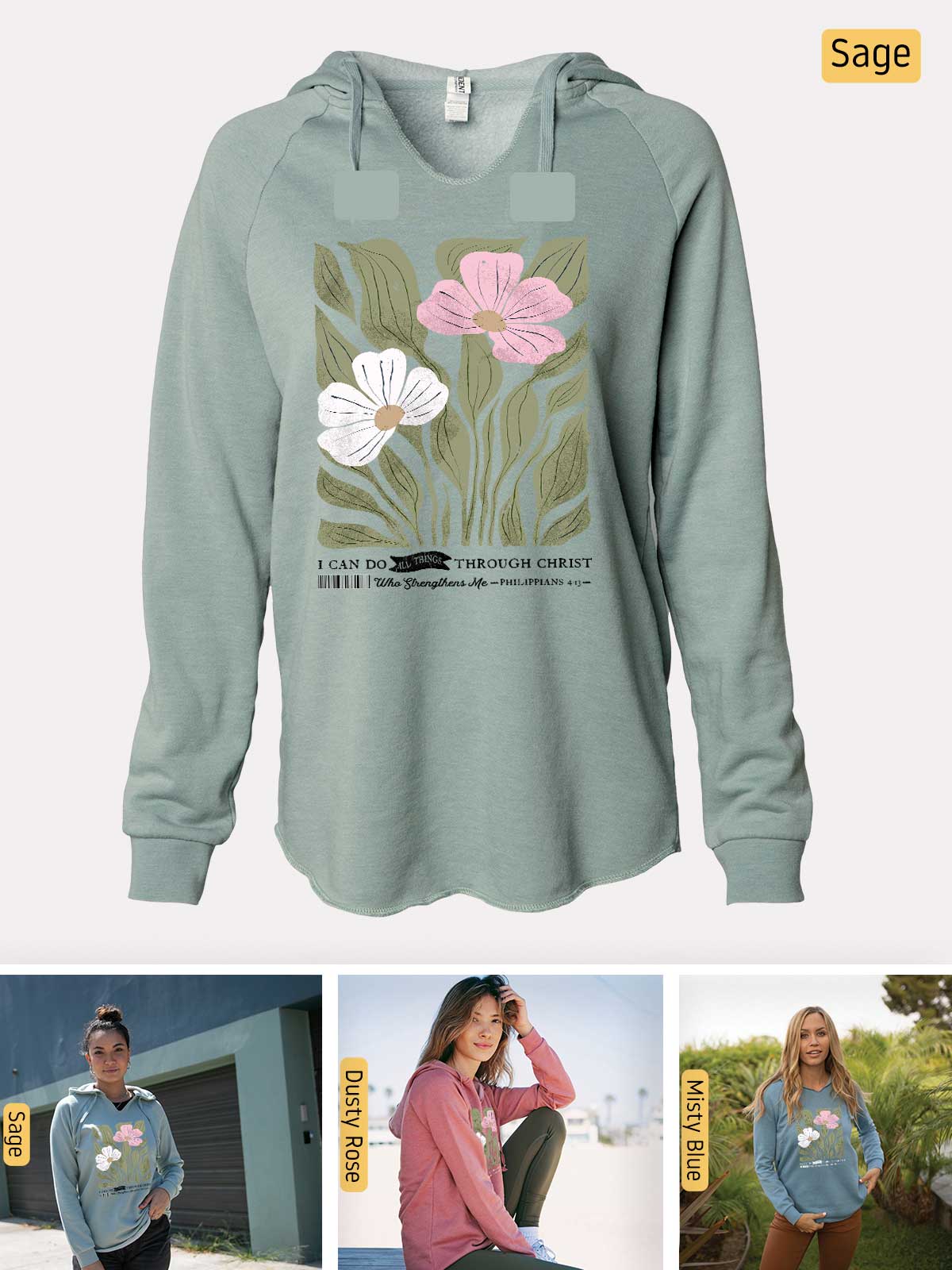 a woman wearing a sweatshirt with a flower on it