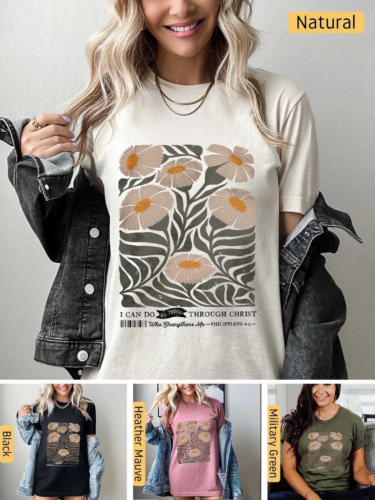 a woman wearing a t - shirt with flowers on it