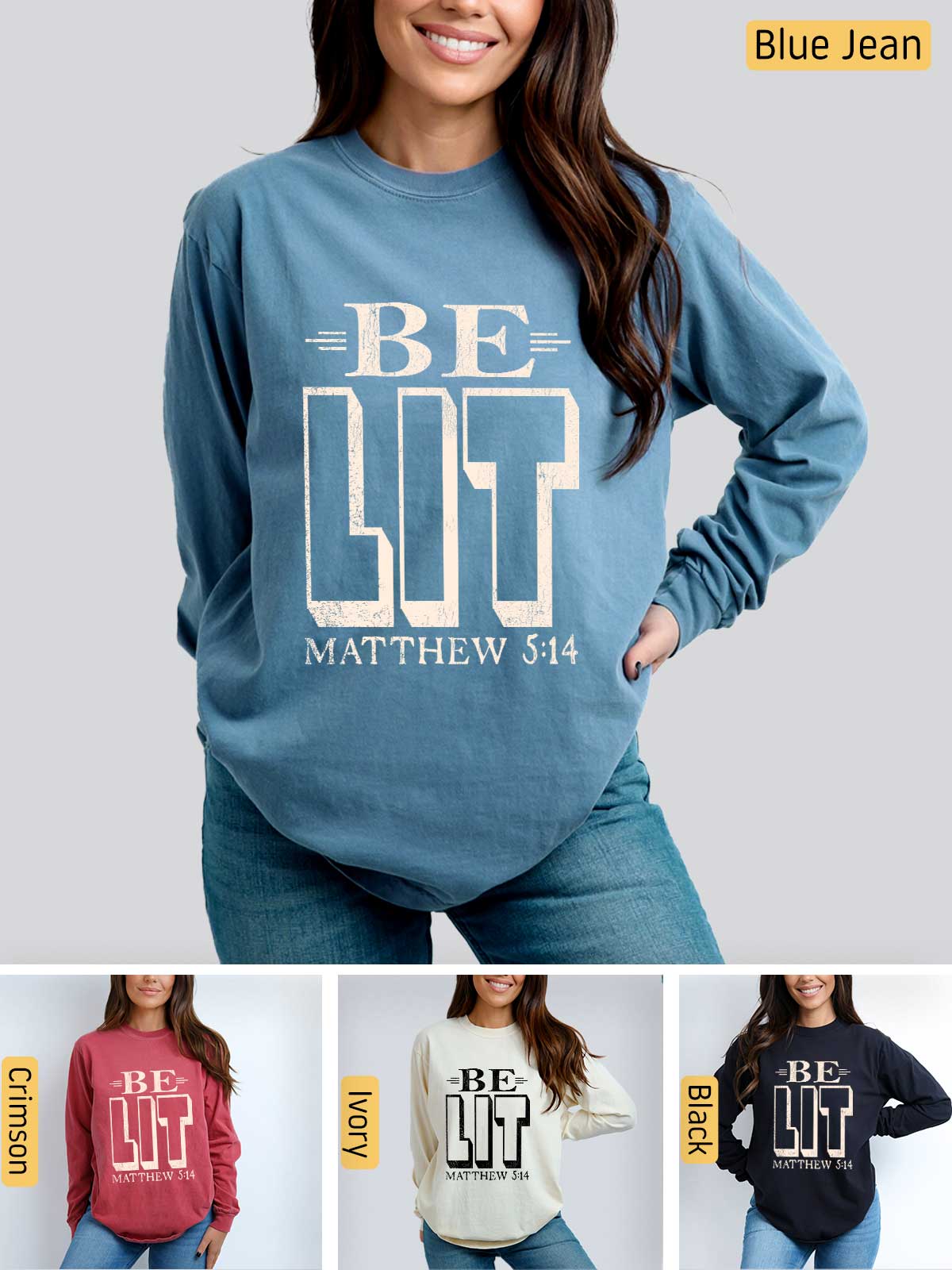 a woman wearing a blue sweatshirt with the words be out on it