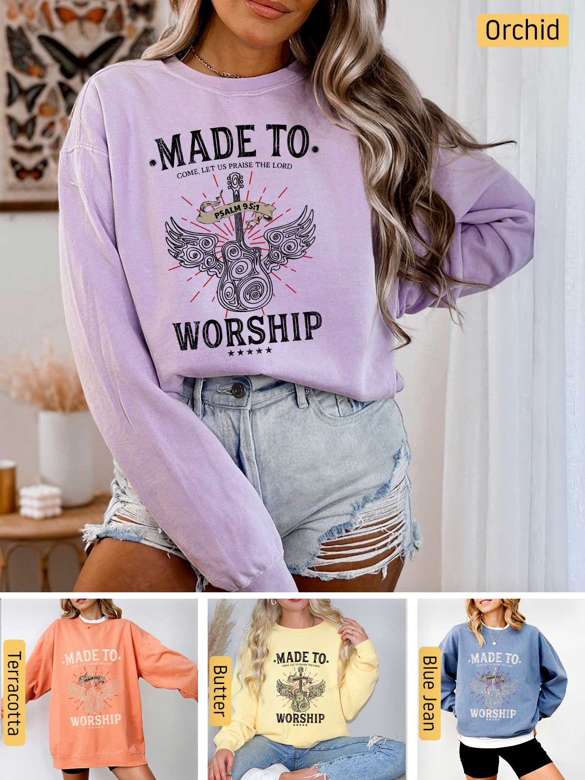 a woman wearing a sweatshirt with the words made to worship printed on it