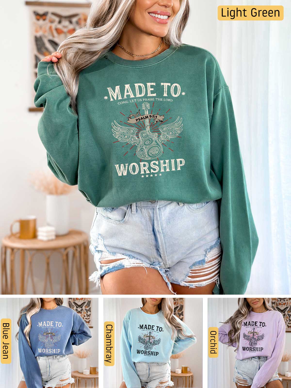 a woman wearing a sweatshirt that says made to worship