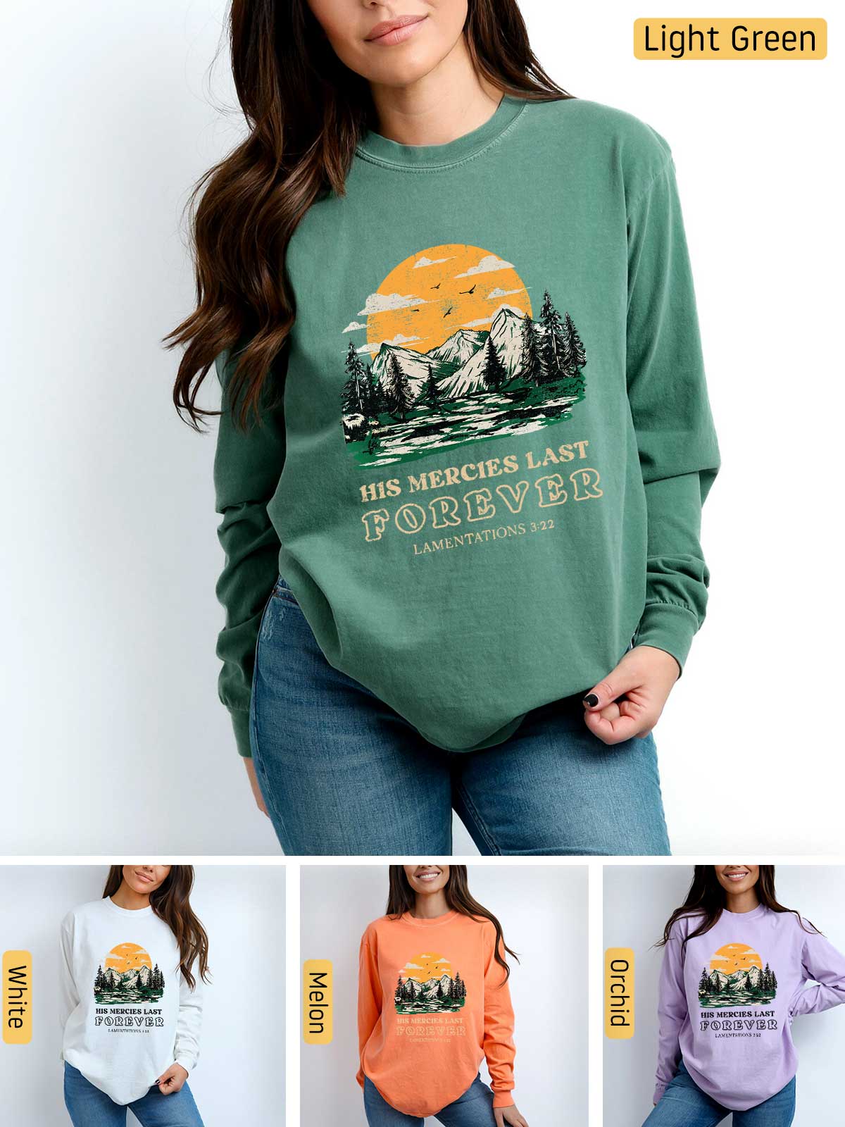 a woman wearing a sweatshirt with a mountain scene on it