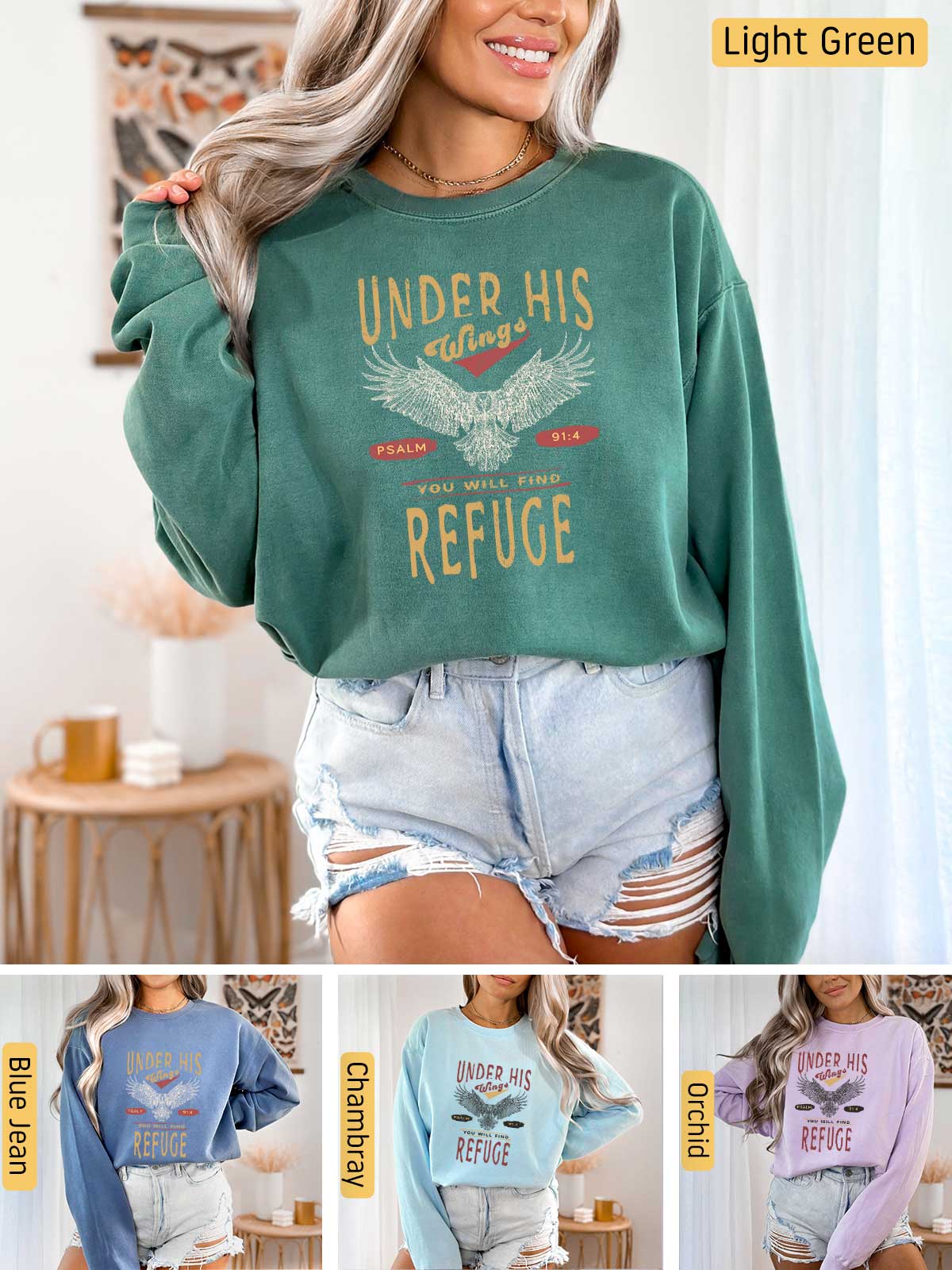 a woman wearing a green sweatshirt with the words under his refuge on it