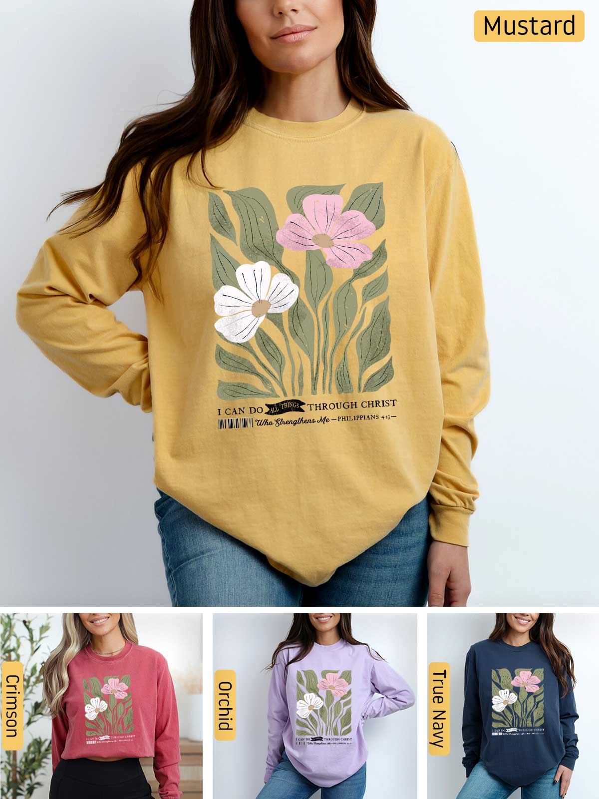 a woman wearing a sweatshirt with flowers on it