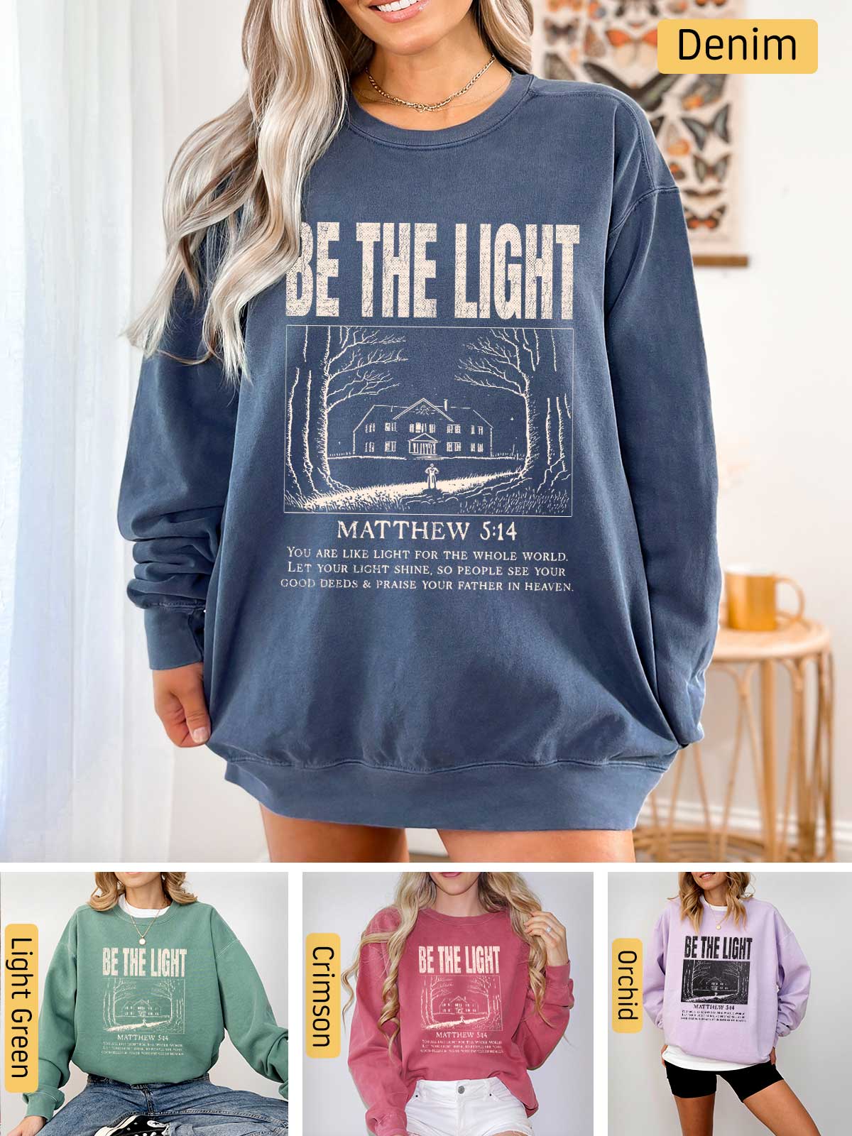 a woman wearing a sweatshirt that says be the light