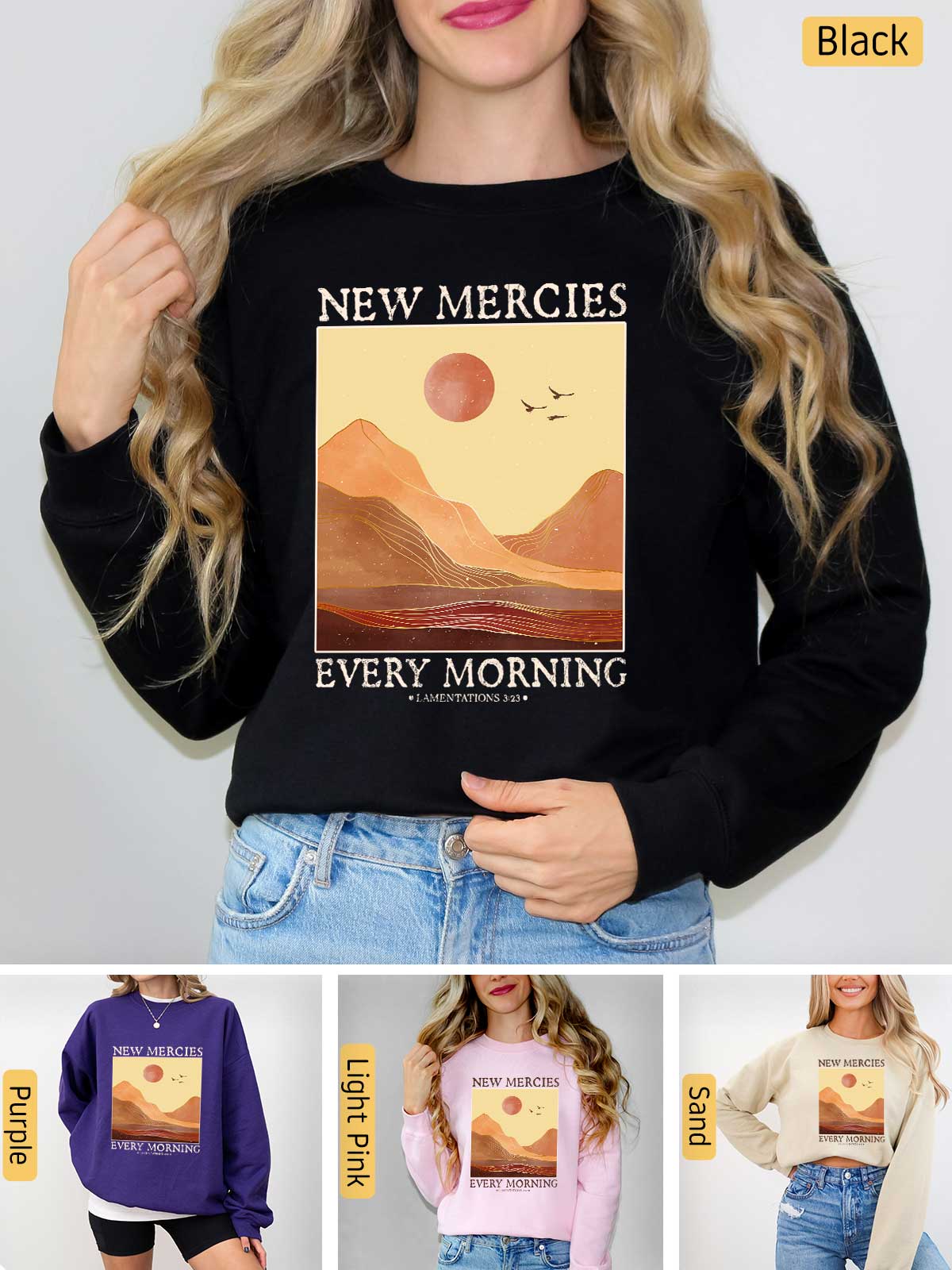 a woman wearing a new mercies every morning shirt