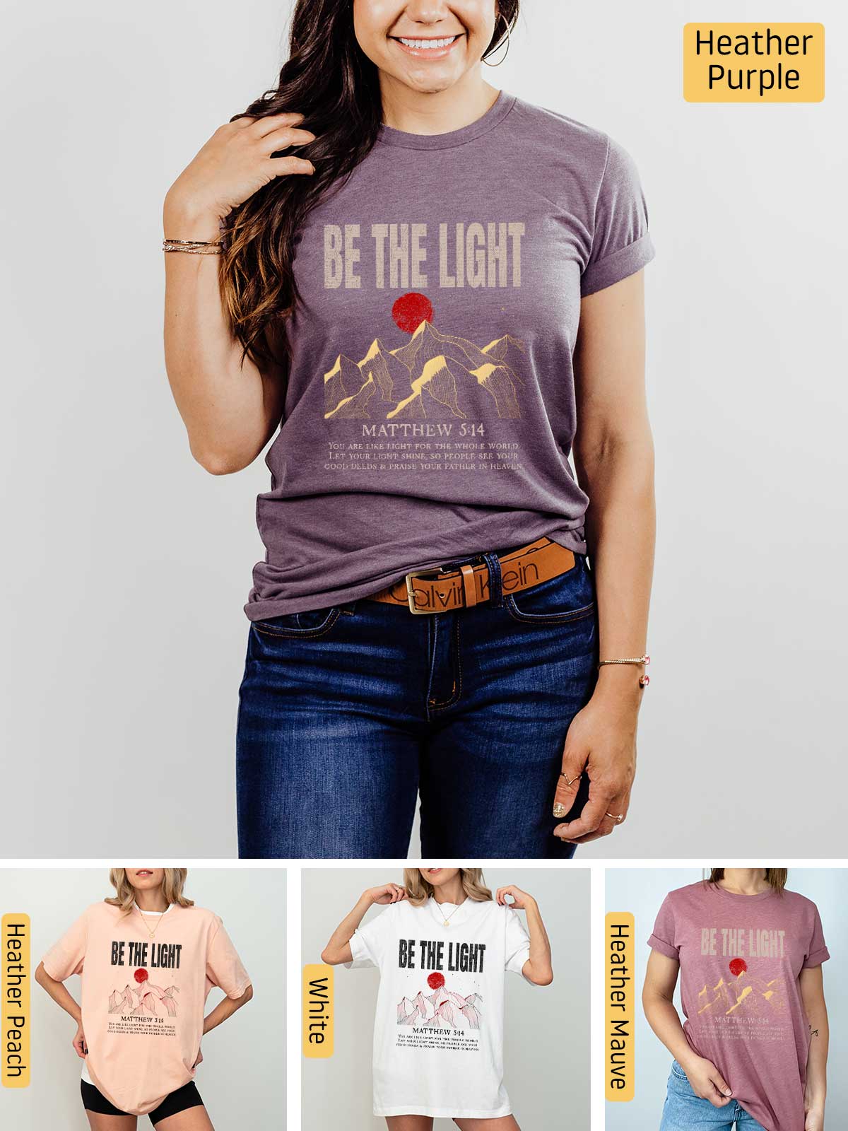 a woman wearing a t - shirt that says be the light