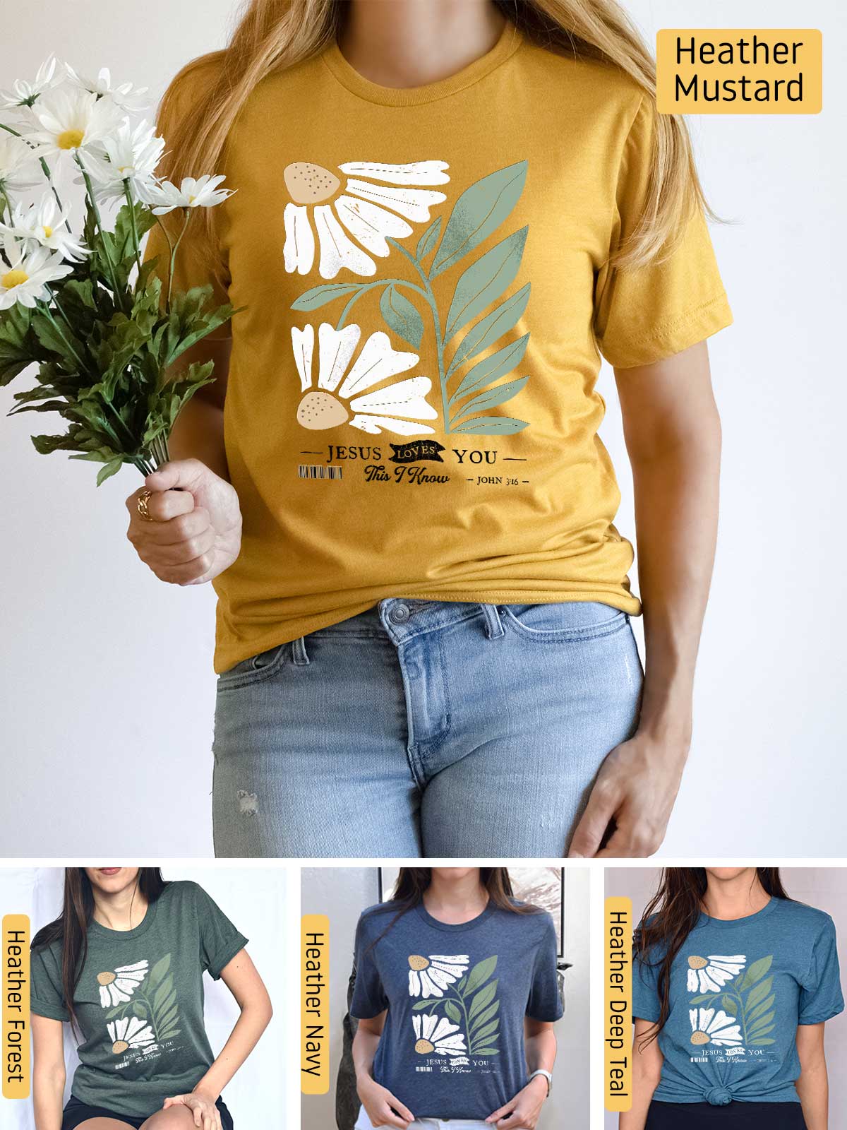 a woman wearing a t - shirt with flowers on it