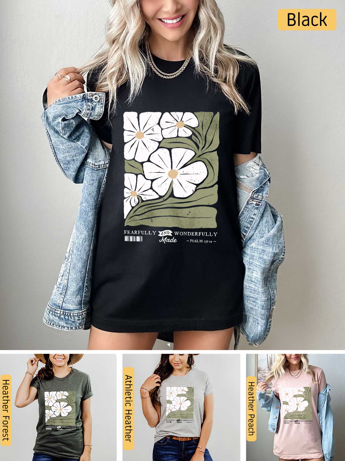 a woman wearing a t - shirt with flowers on it