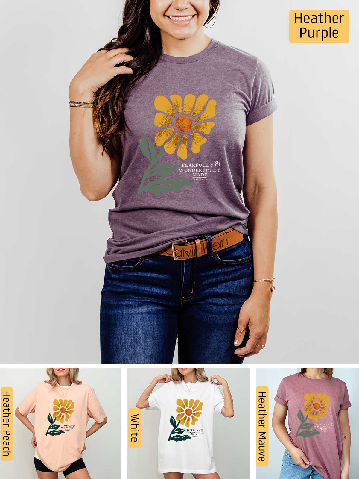 a woman wearing a t - shirt with a flower on it