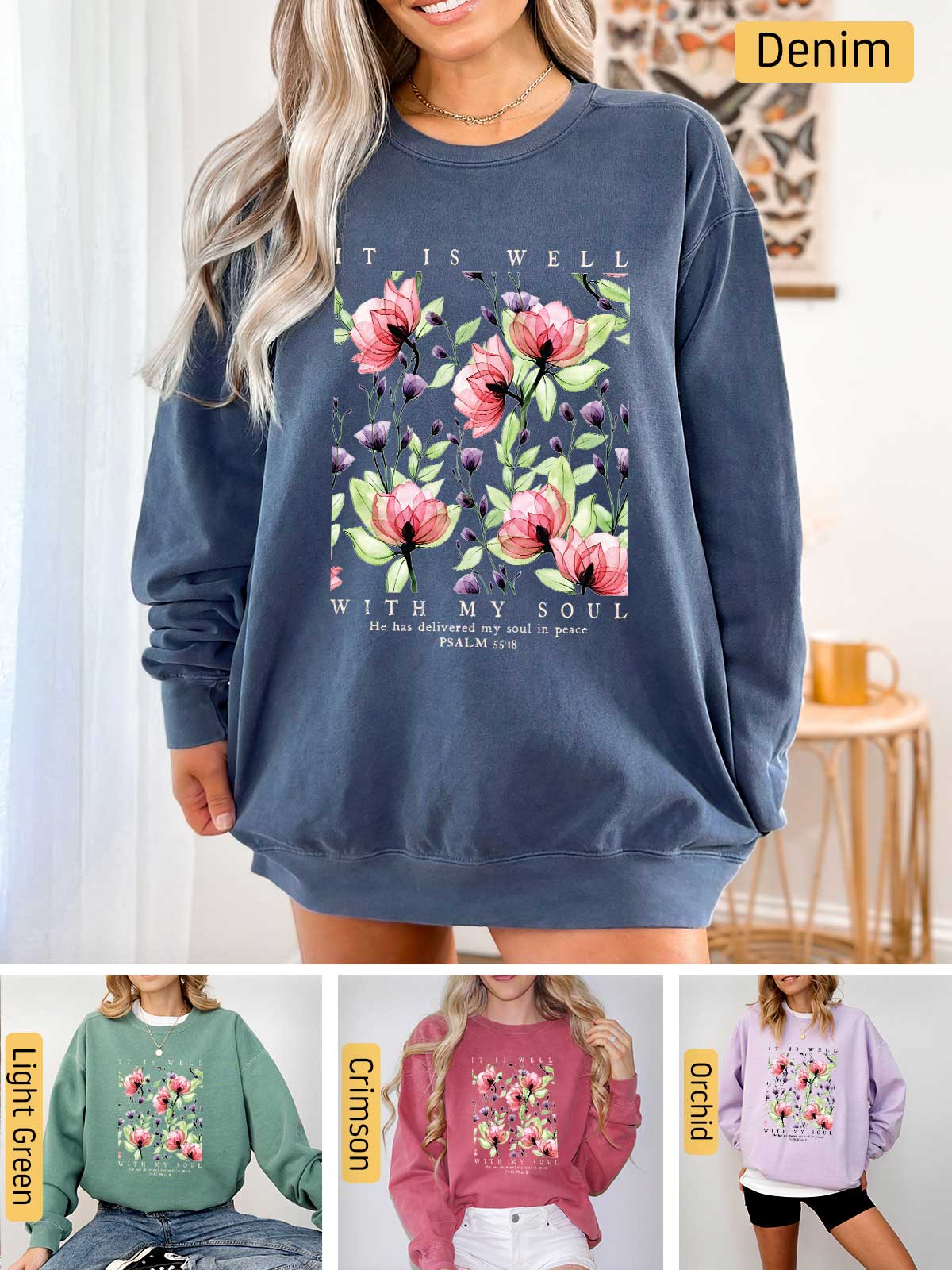 a woman wearing a sweatshirt with flowers on it