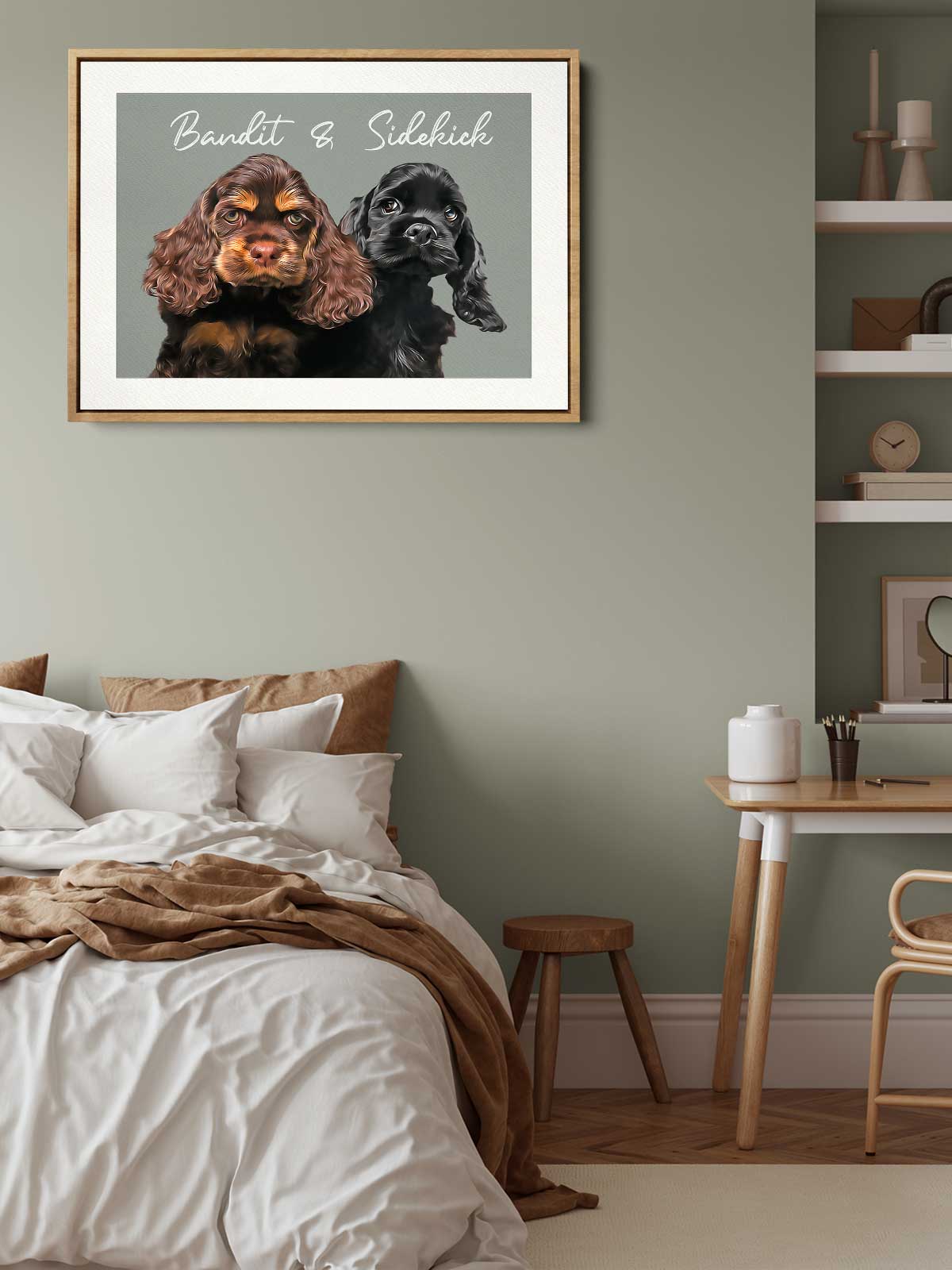 two dogs, one black and one brown, sitting next to each other in a cozy bedroom setting.