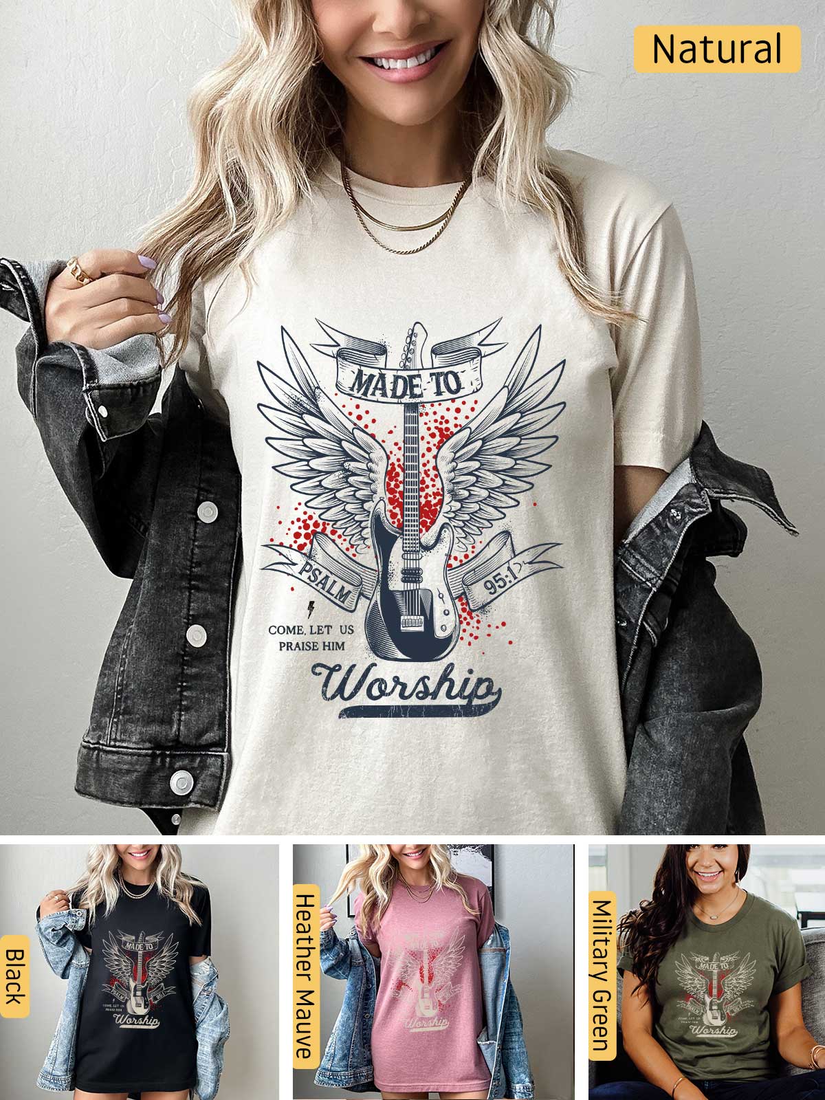 a woman wearing a t - shirt that says made to worship