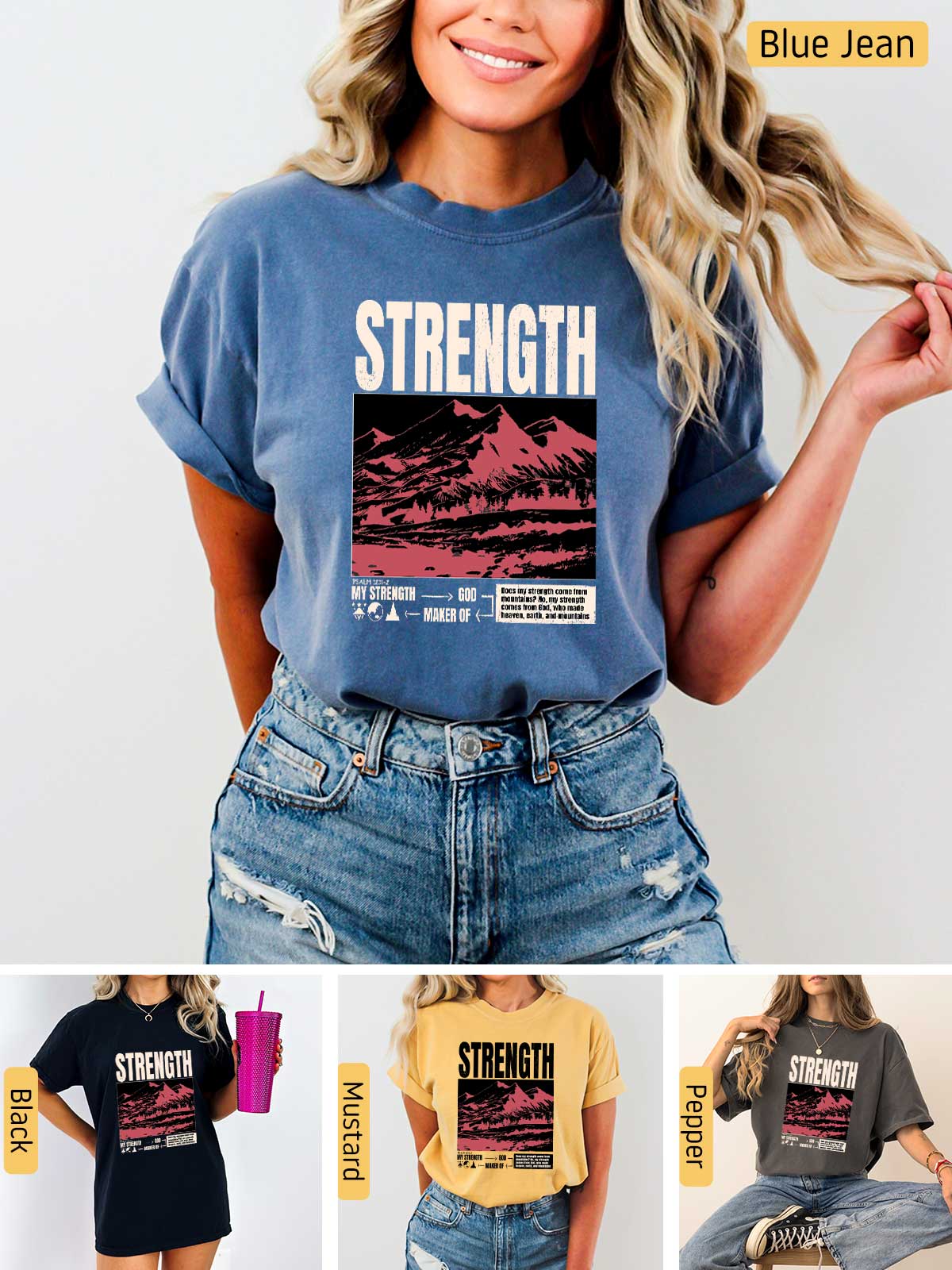 a woman wearing a blue jean shirt with the words strength on it