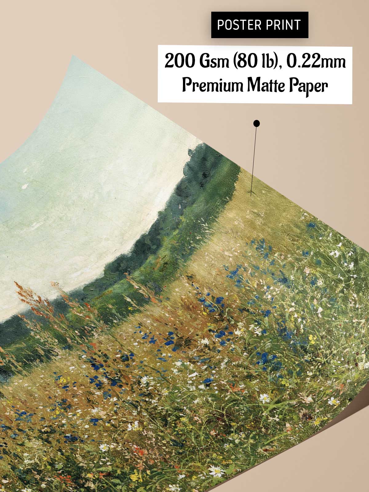 The image is a poster print featuring a landscape with a field of flowers and a hillside.