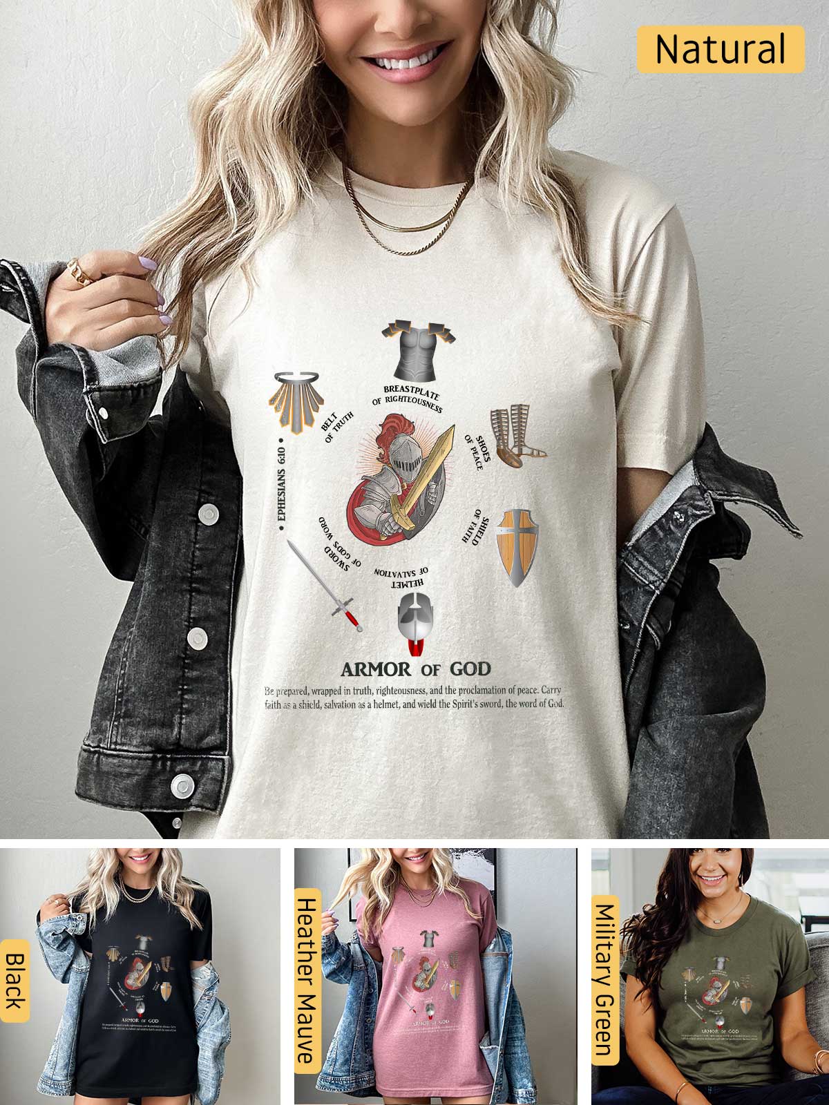 a woman wearing a t - shirt that has a picture of the armor of god