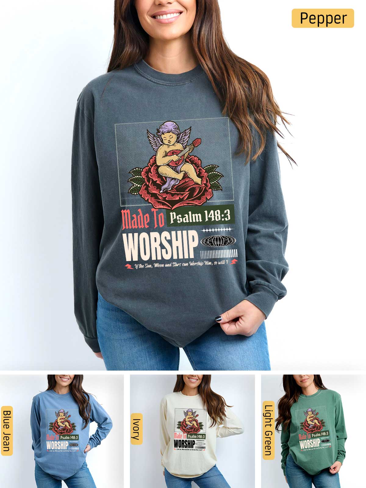 a woman wearing a sweatshirt with the words, made to worship