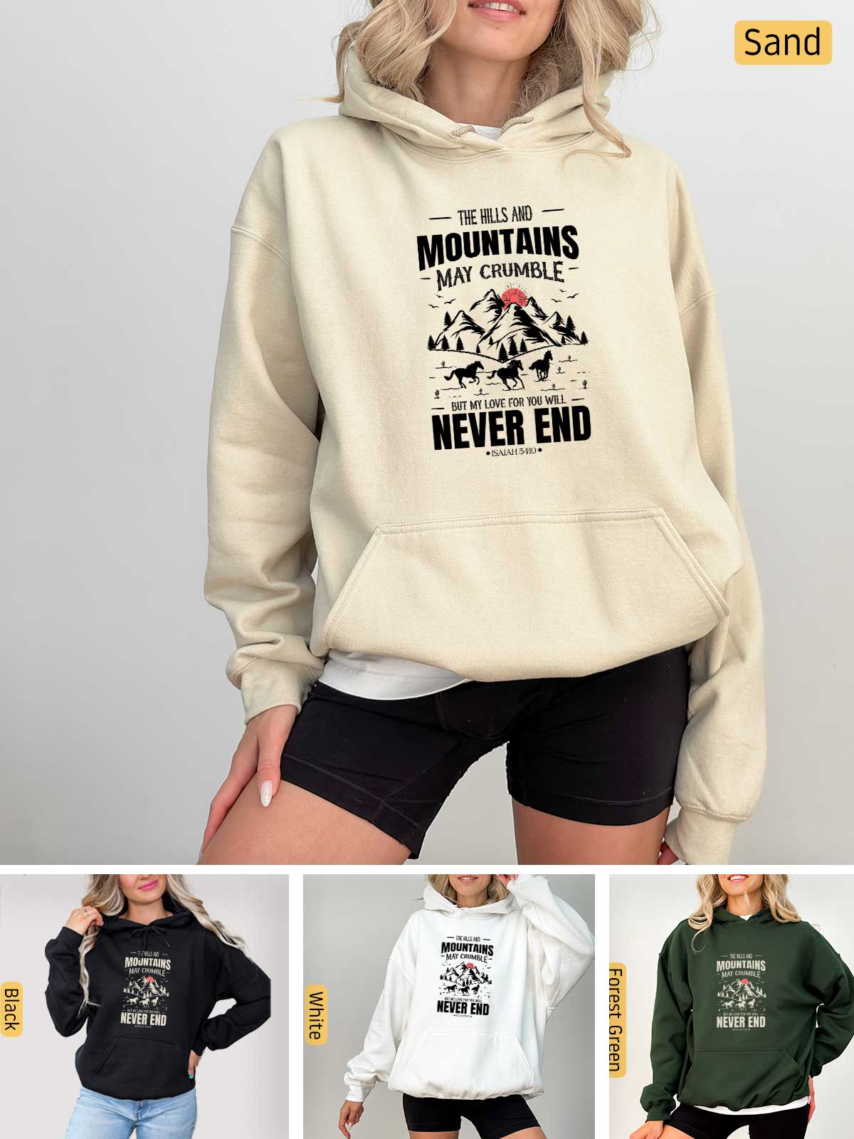 a woman wearing a hoodie that says mountains are never end