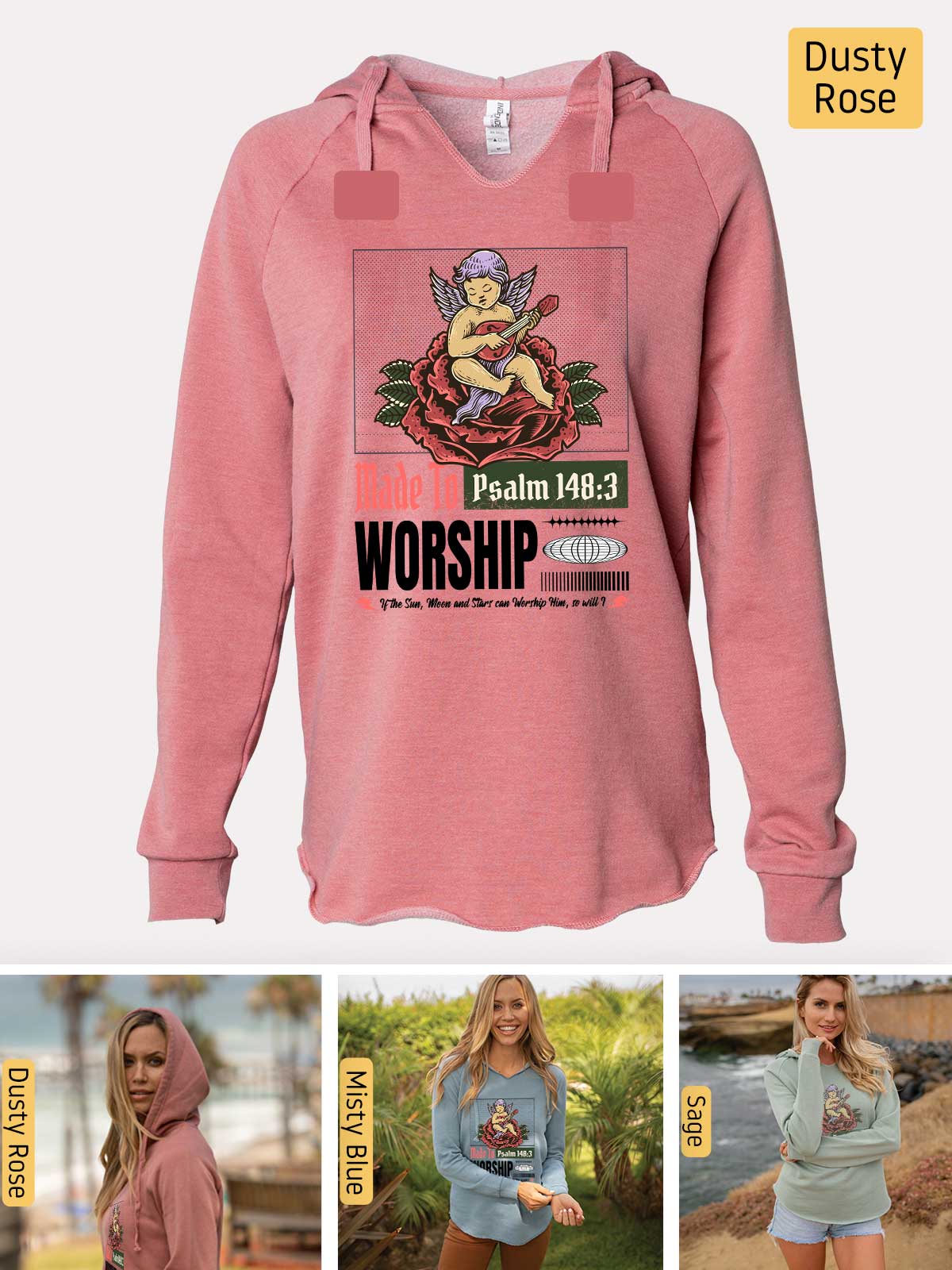 a pink hoodie with a picture of a woman in the background