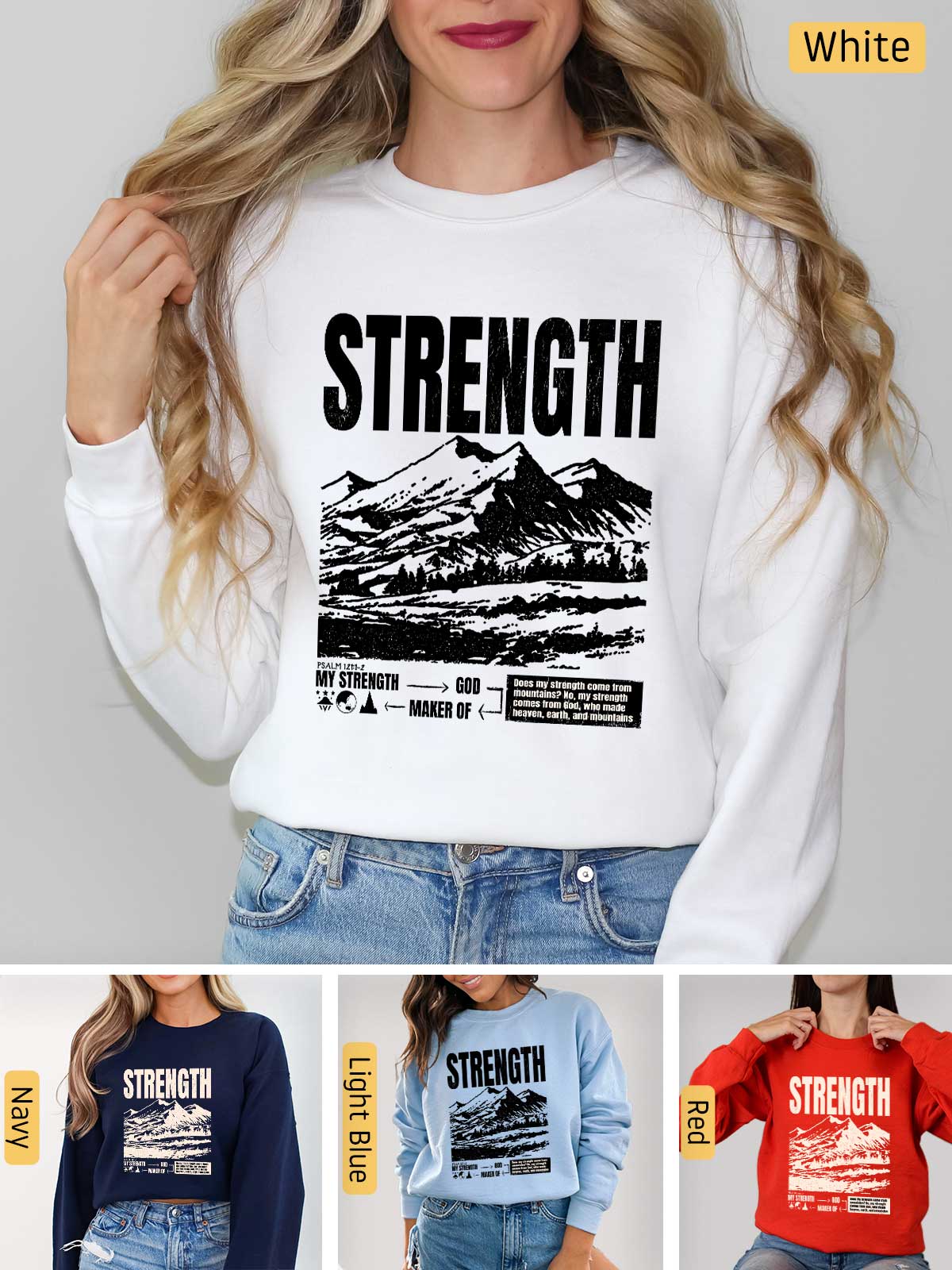 a woman wearing a sweatshirt with the words strength on it