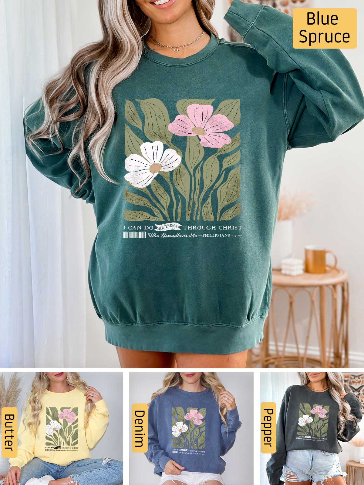 a woman wearing a sweatshirt with flowers on it