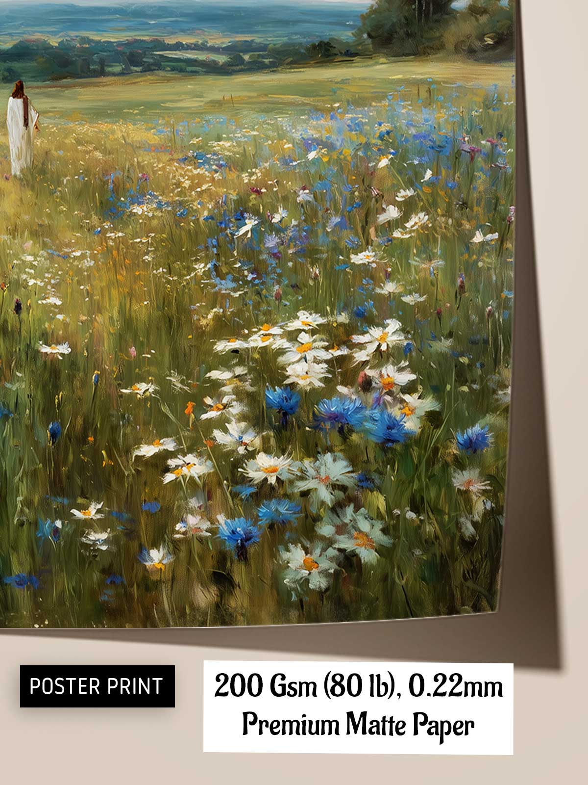 The image is a poster print depicting a field of colorful wildflowers, including daisies and other blooms, with a person walking through the field in the background.
