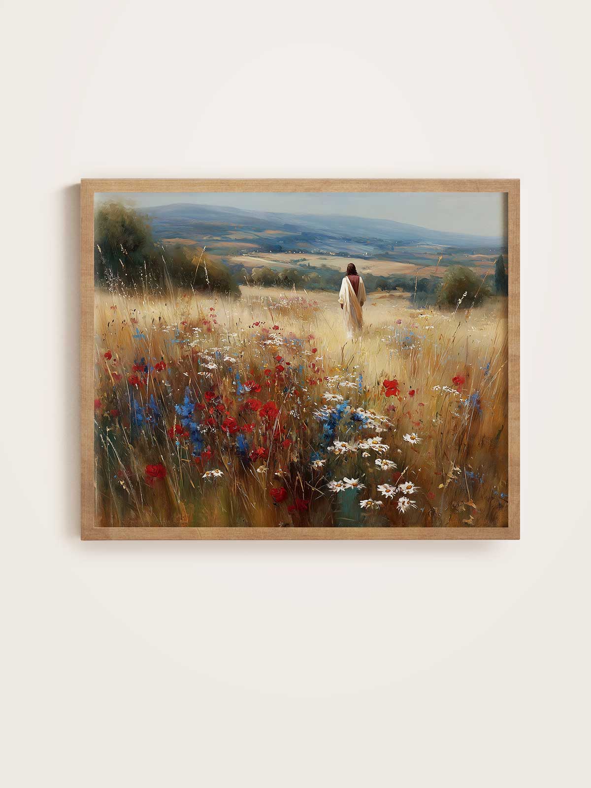 a person walking through a field of tall grass and wildflowers, with a scenic landscape in the background.