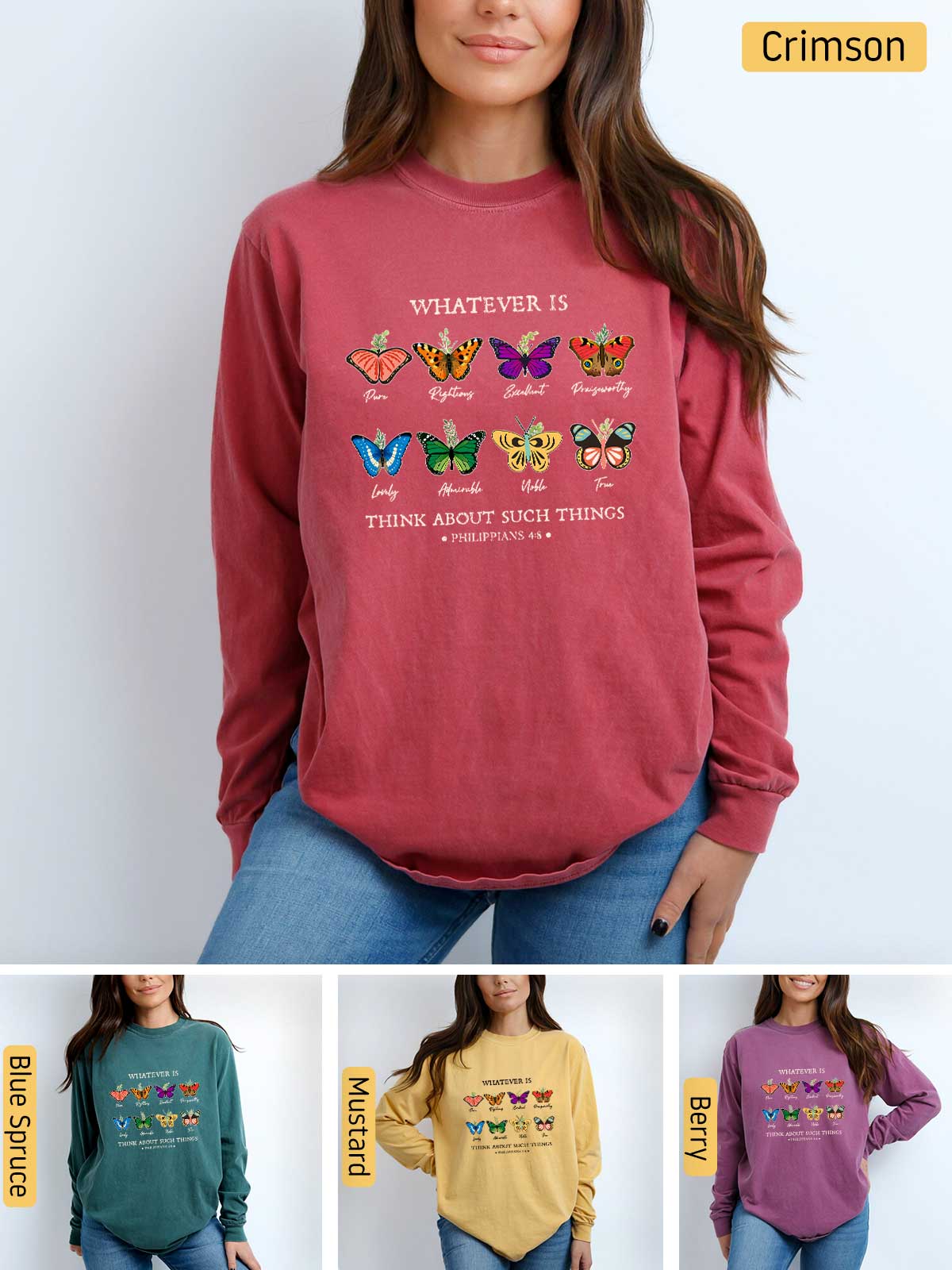 a woman wearing a sweatshirt that has a picture of butterflies on it