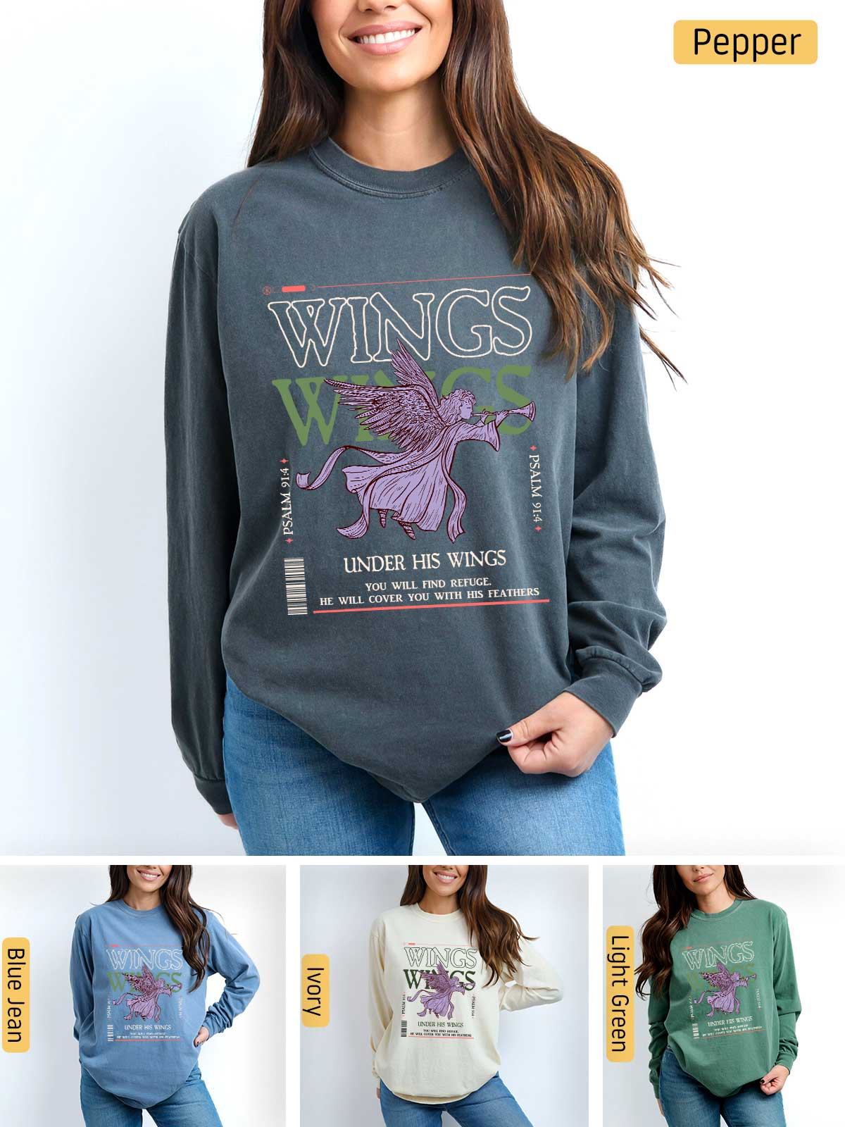 a woman wearing a sweatshirt with wings on it