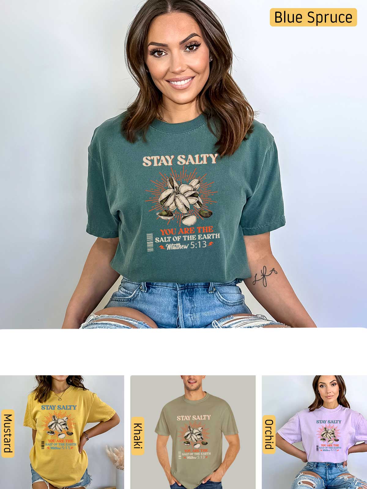 a woman wearing a shirt that says stay salty