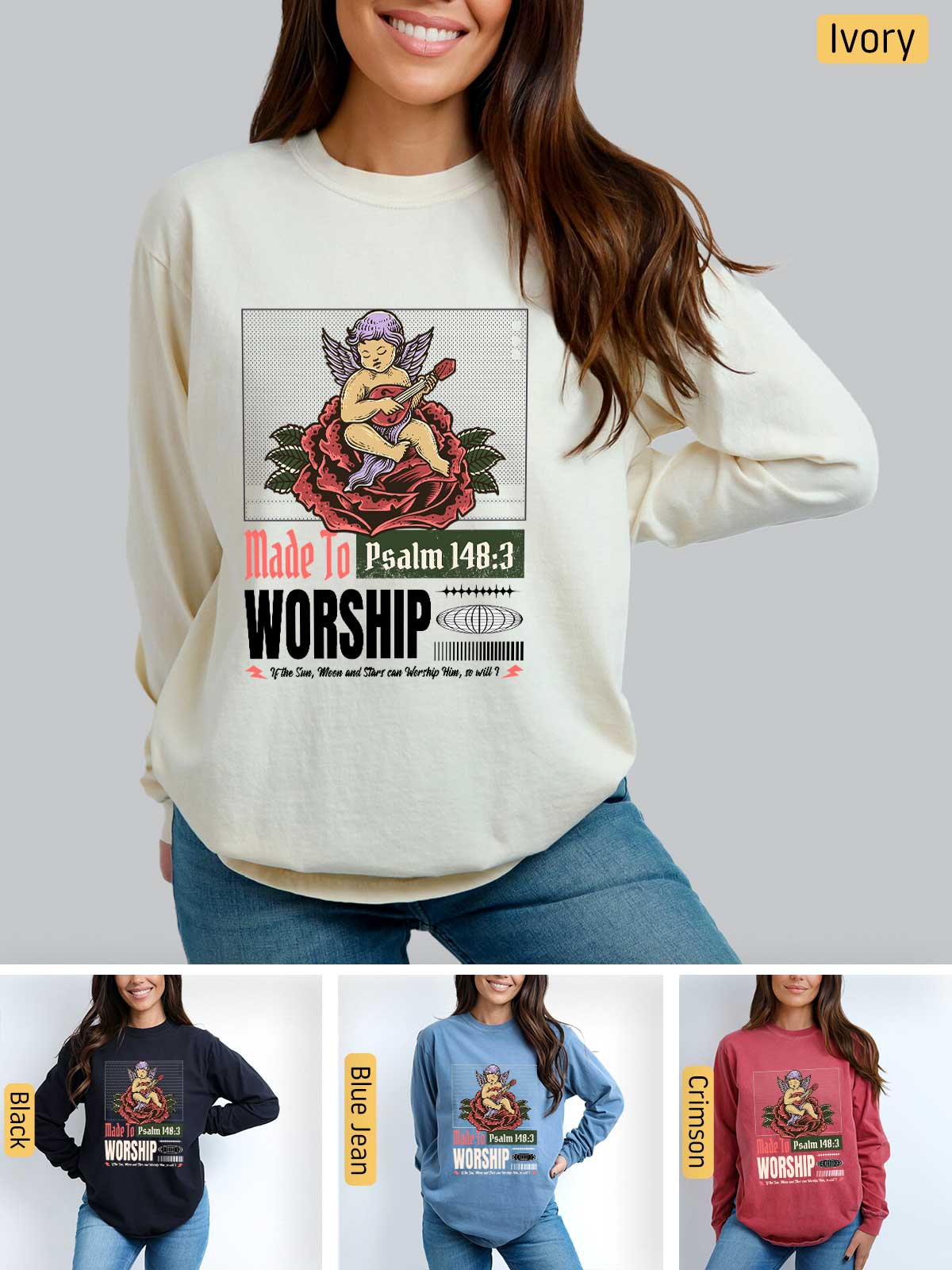 a woman wearing a sweatshirt with the words made to worship on it