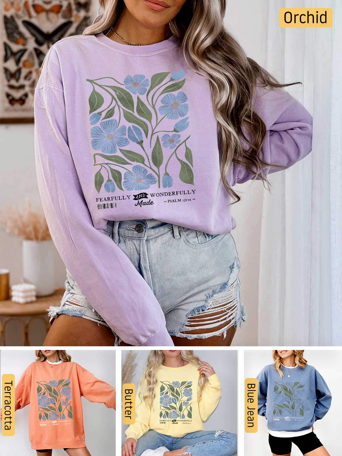 a woman wearing a sweatshirt with flowers on it