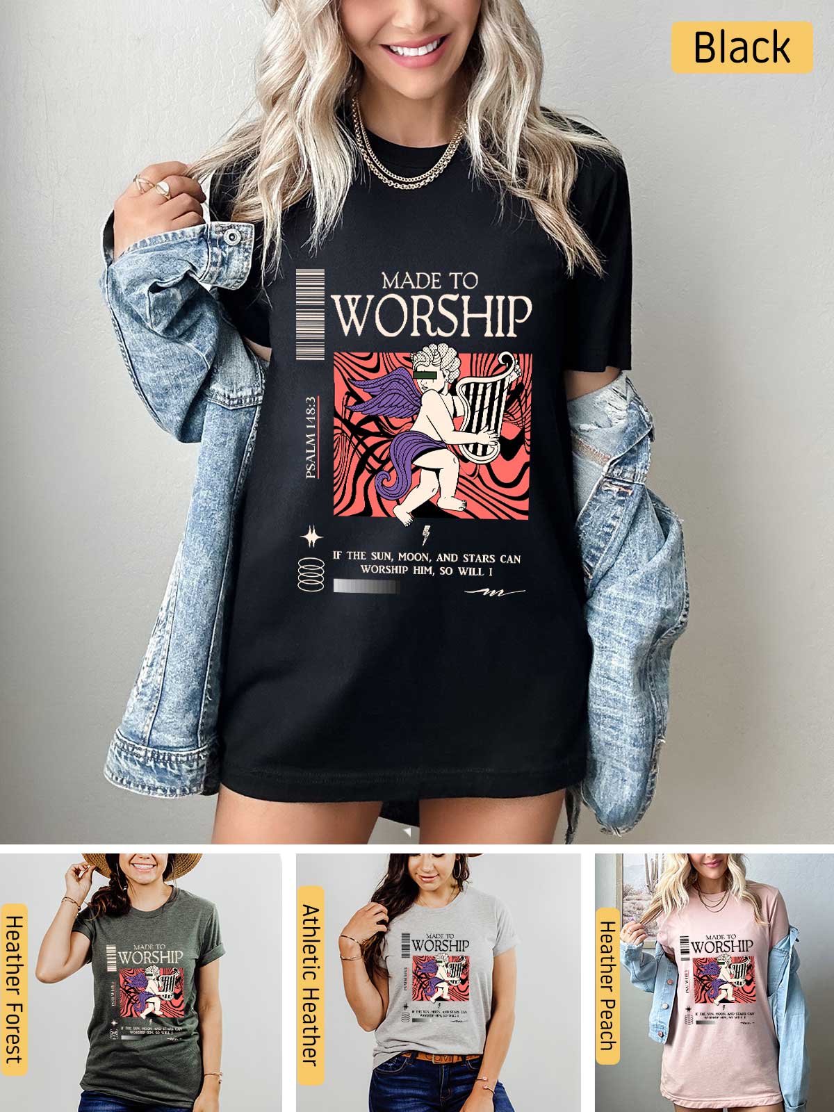 a woman wearing a t - shirt that says make to worship