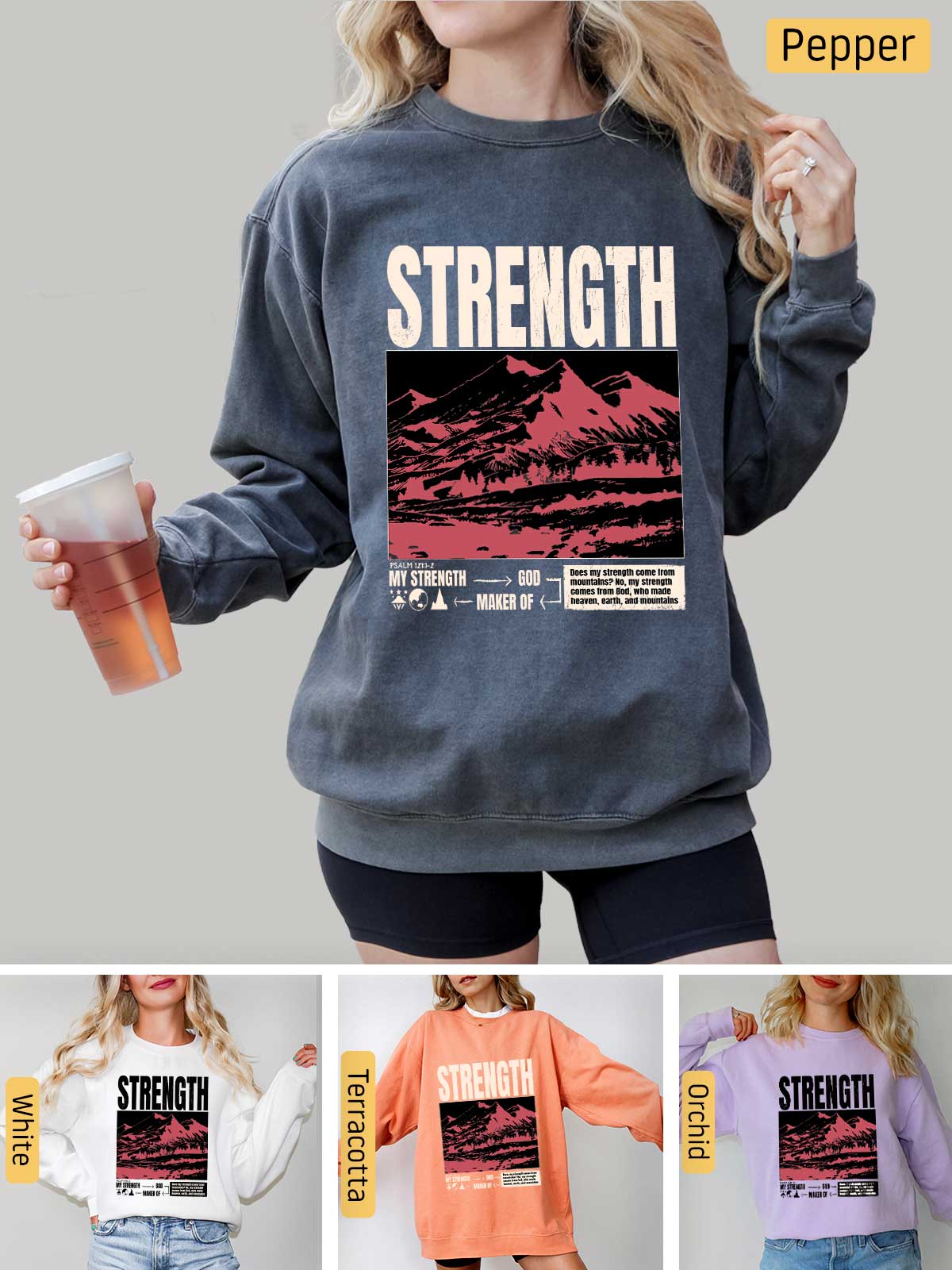 a woman wearing a sweatshirt with the words strength on it