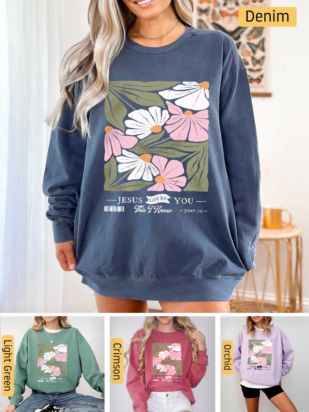 a woman wearing a sweatshirt with flowers on it