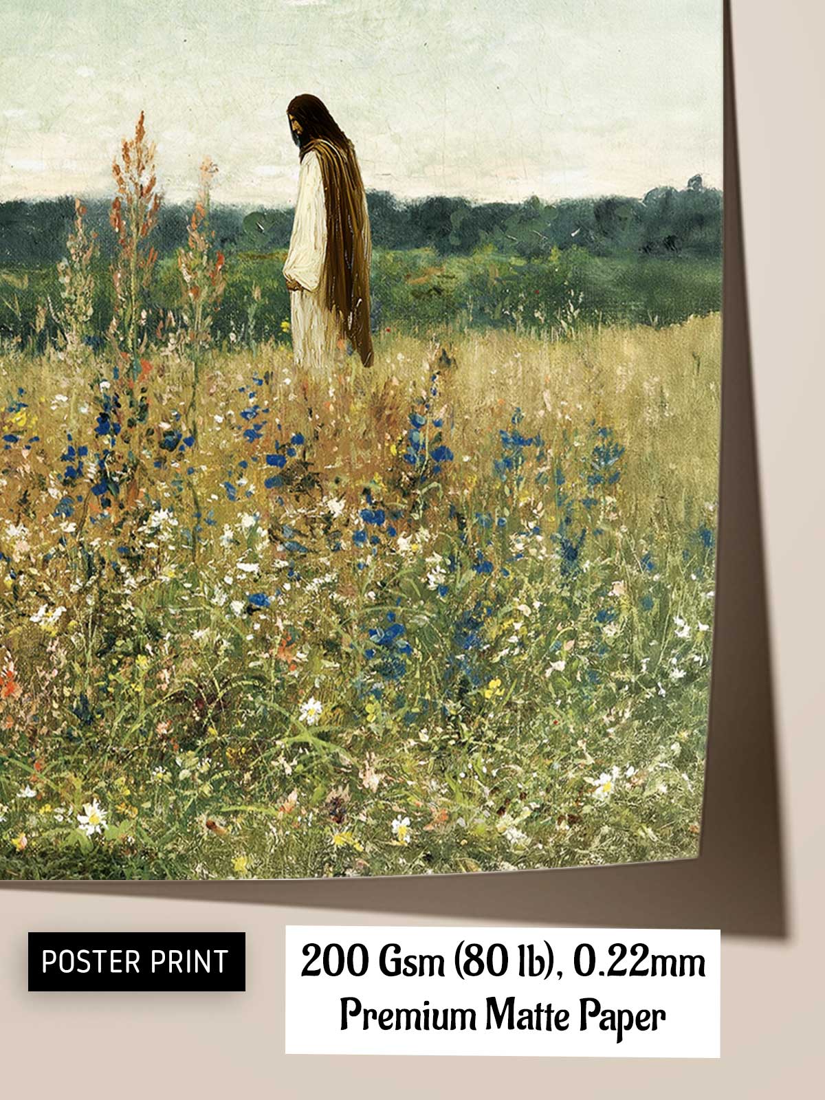 The image is a painting depicting a person in a field of flowers, with a background of trees and hills.