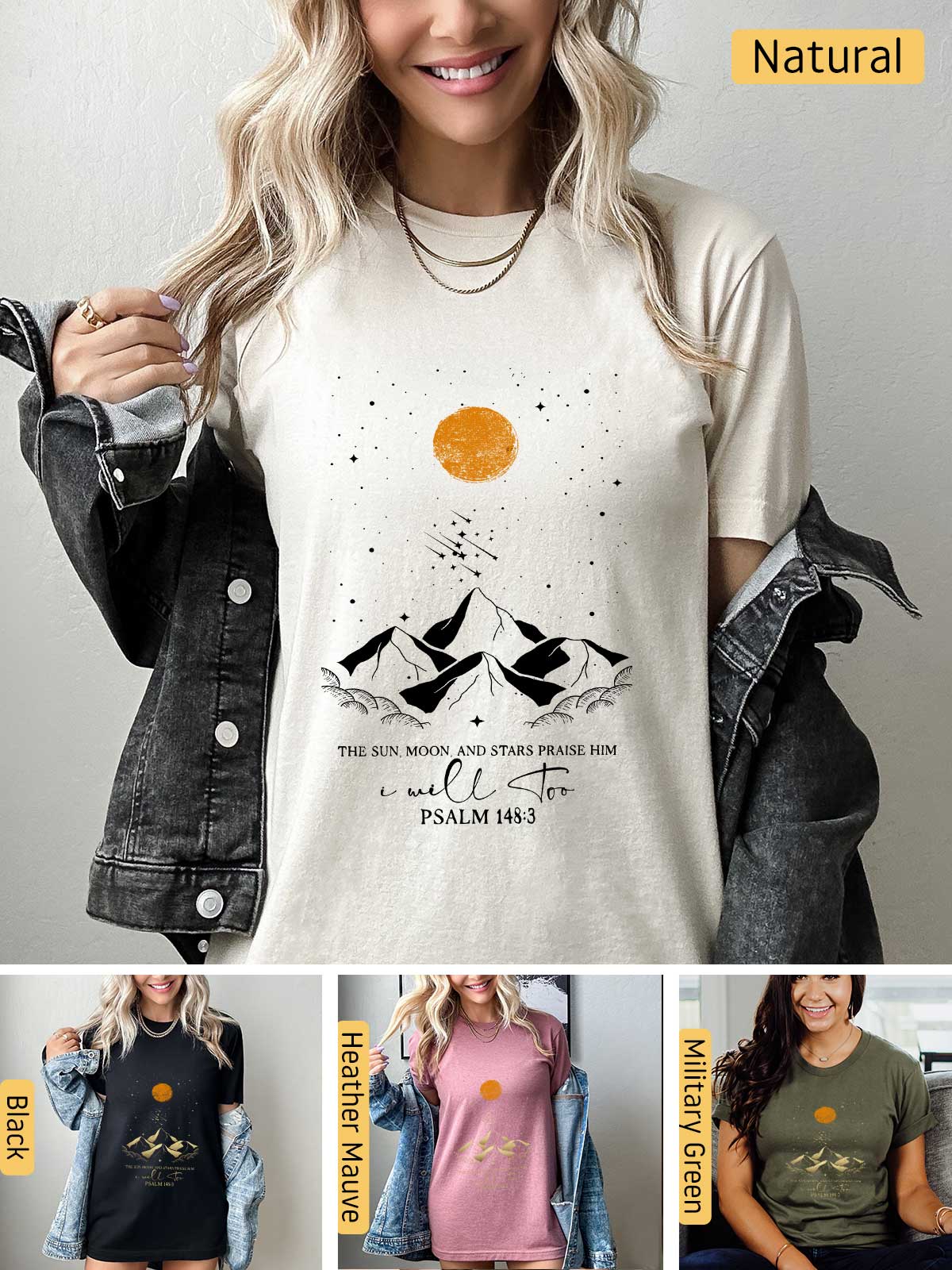 a woman wearing a t - shirt with a mountain scene on it