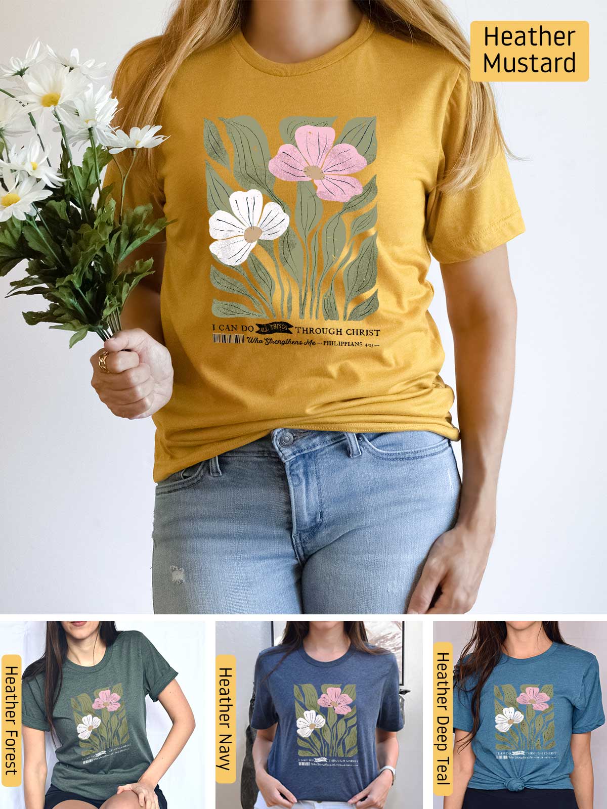 a woman wearing a t - shirt with flowers on it