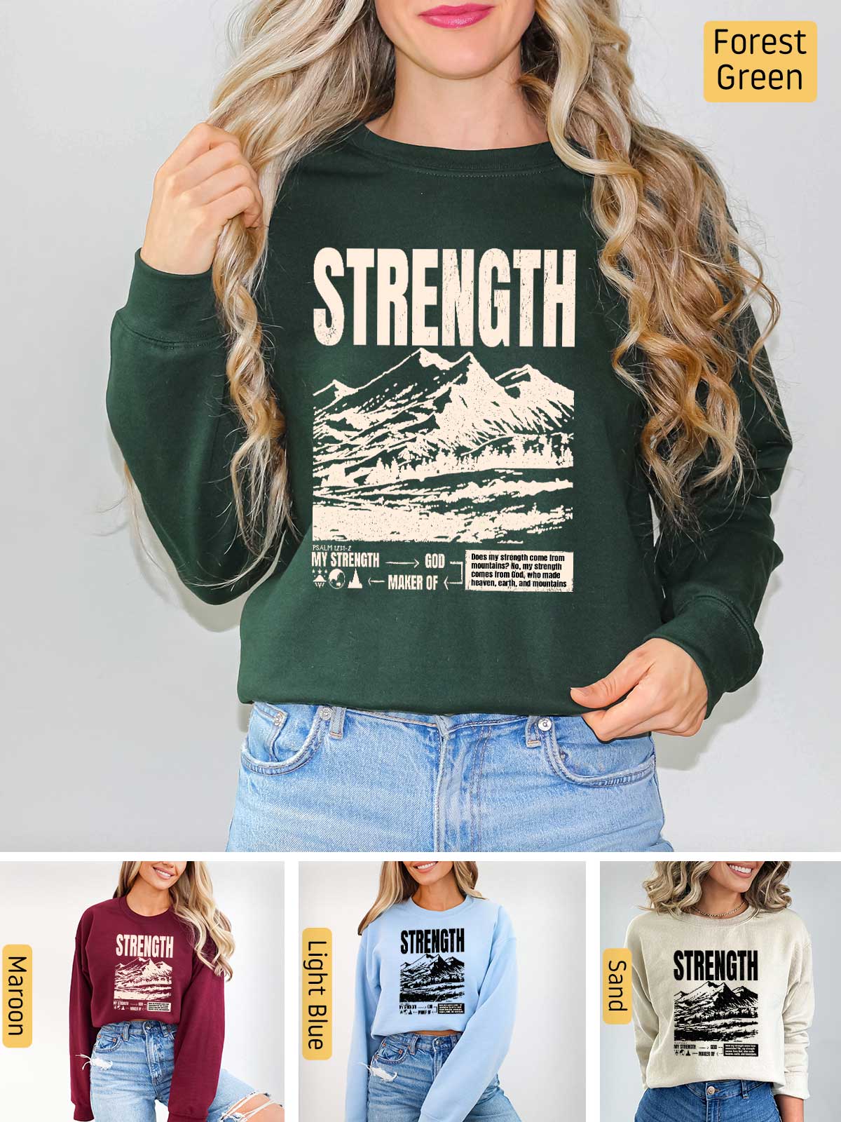 a woman wearing a sweatshirt with the words strength on it