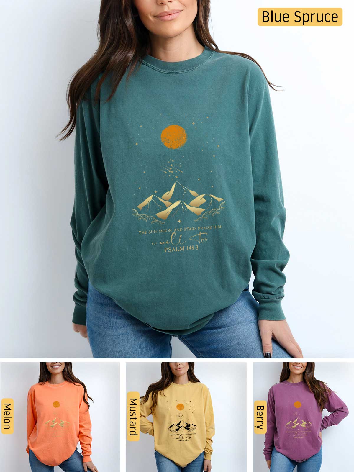 a woman wearing a sweatshirt with a mountain scene on it