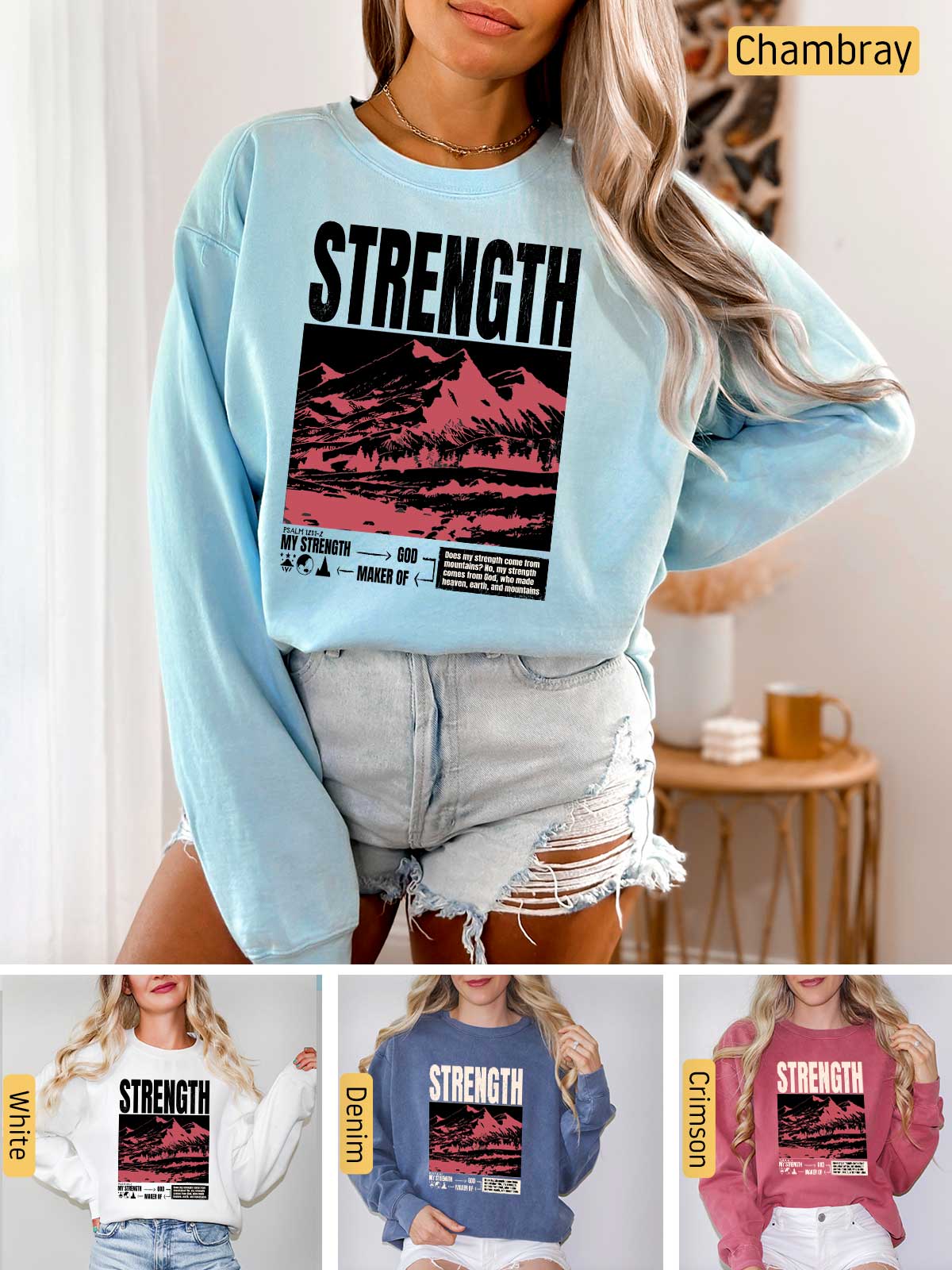 a woman wearing a sweatshirt with the words strength on it