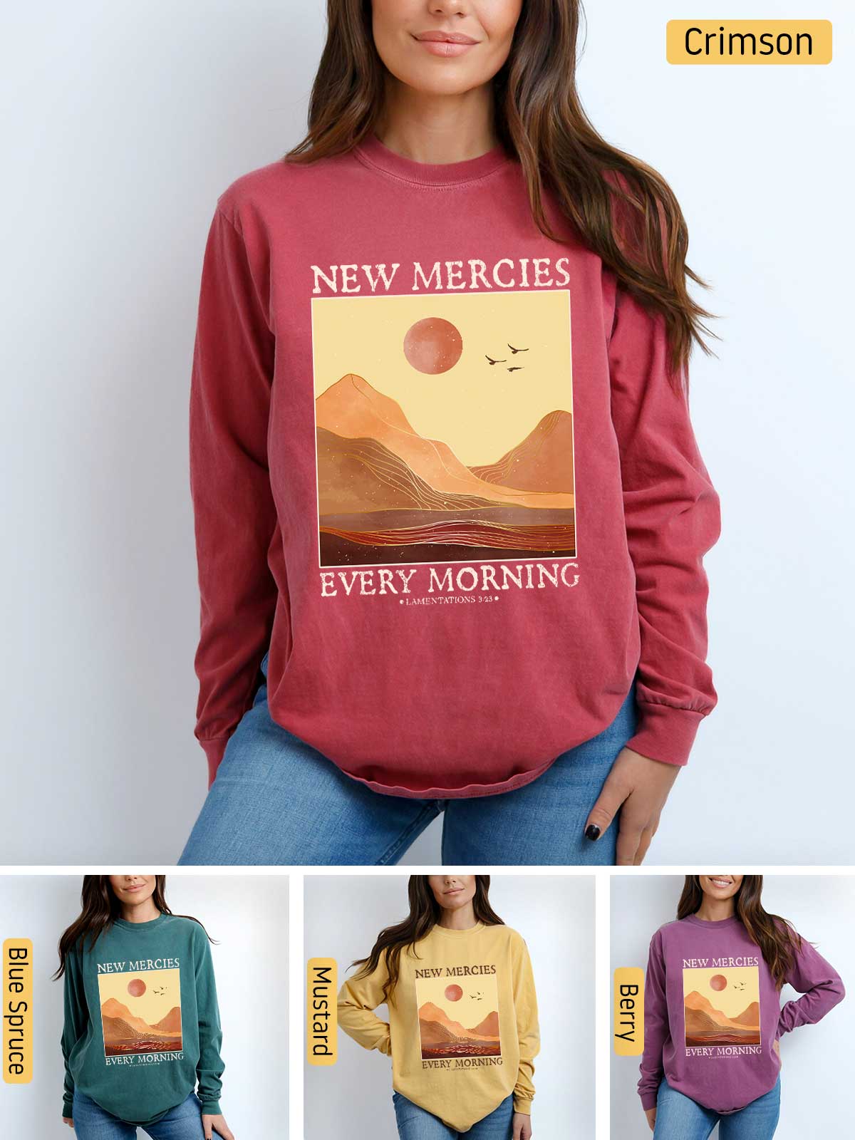 a woman wearing a new mercies every morning sweatshirt