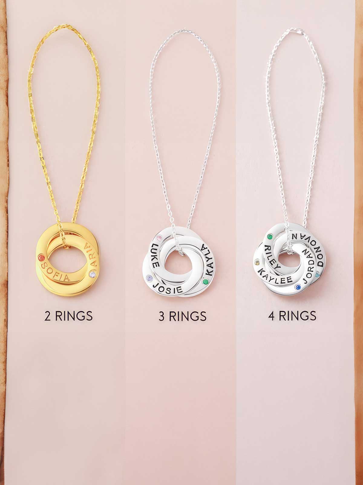 three different necklaces with names on them