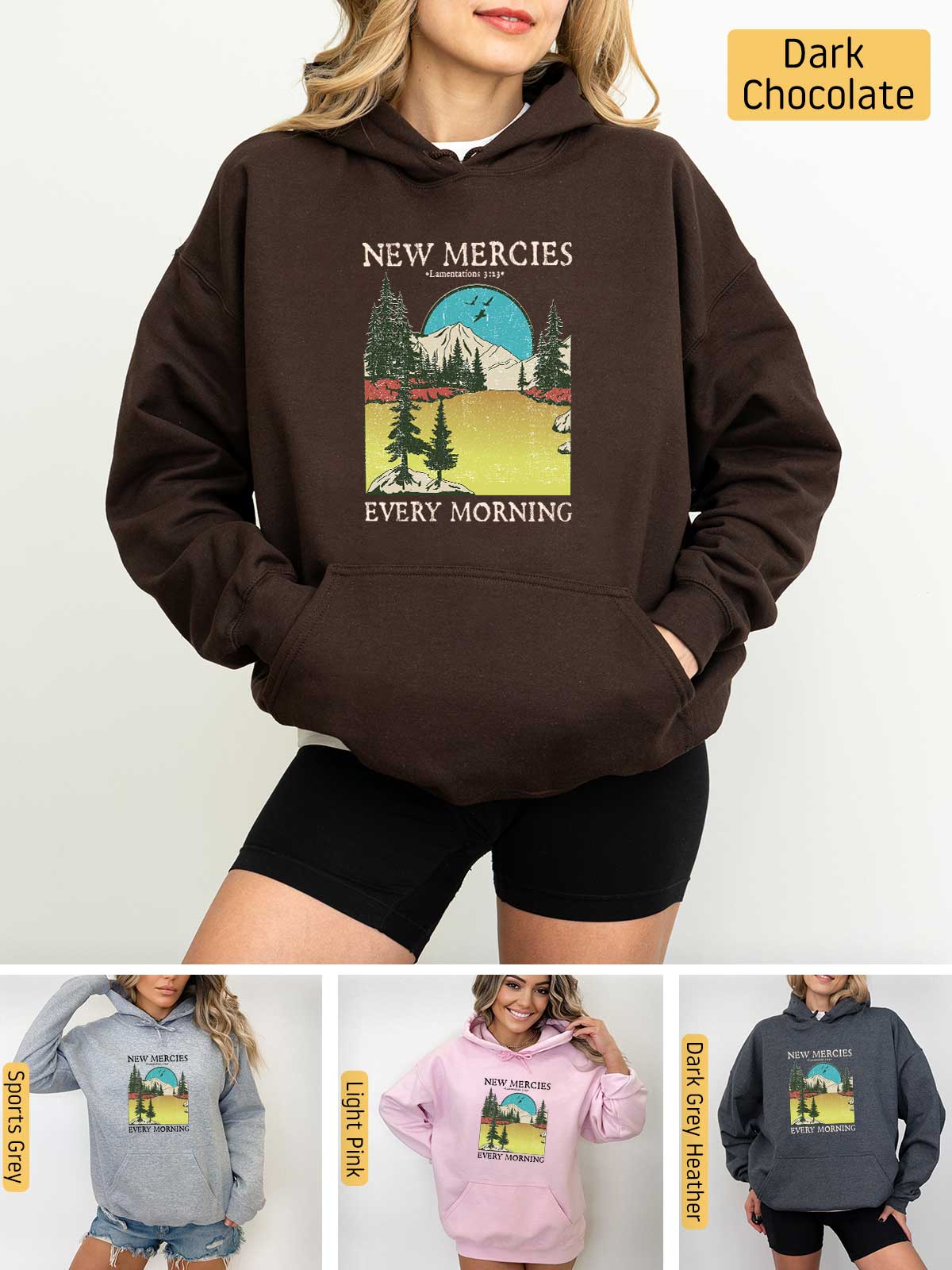 a woman wearing a new mercies every morning hoodie